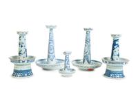 A Group of Five Chinese Blue and White Porcelain Candle Holders — 19TH CENTURY
