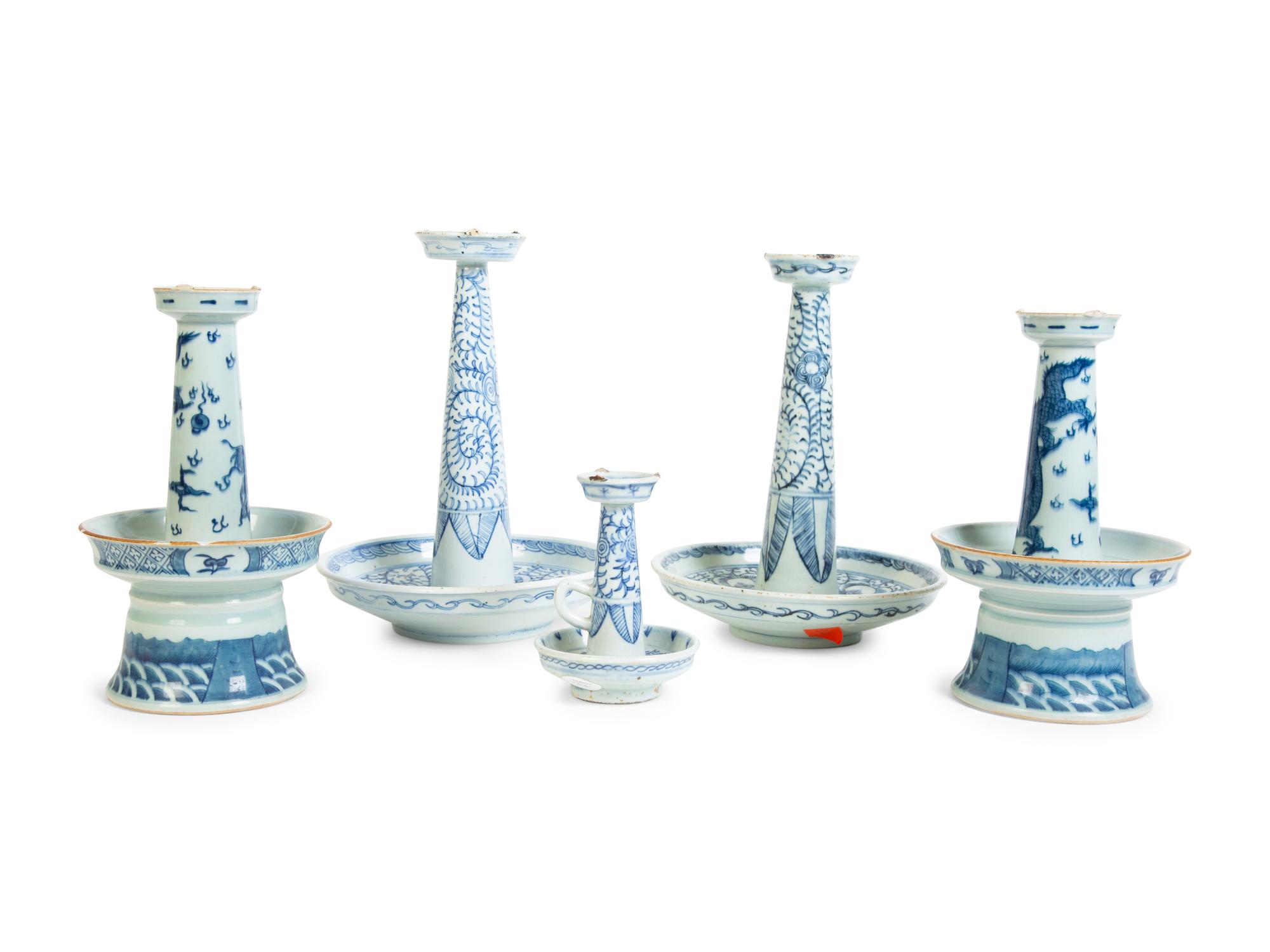 A Group of Five Chinese Blue and White Porcelain Candle Holders — 19TH CENTURY