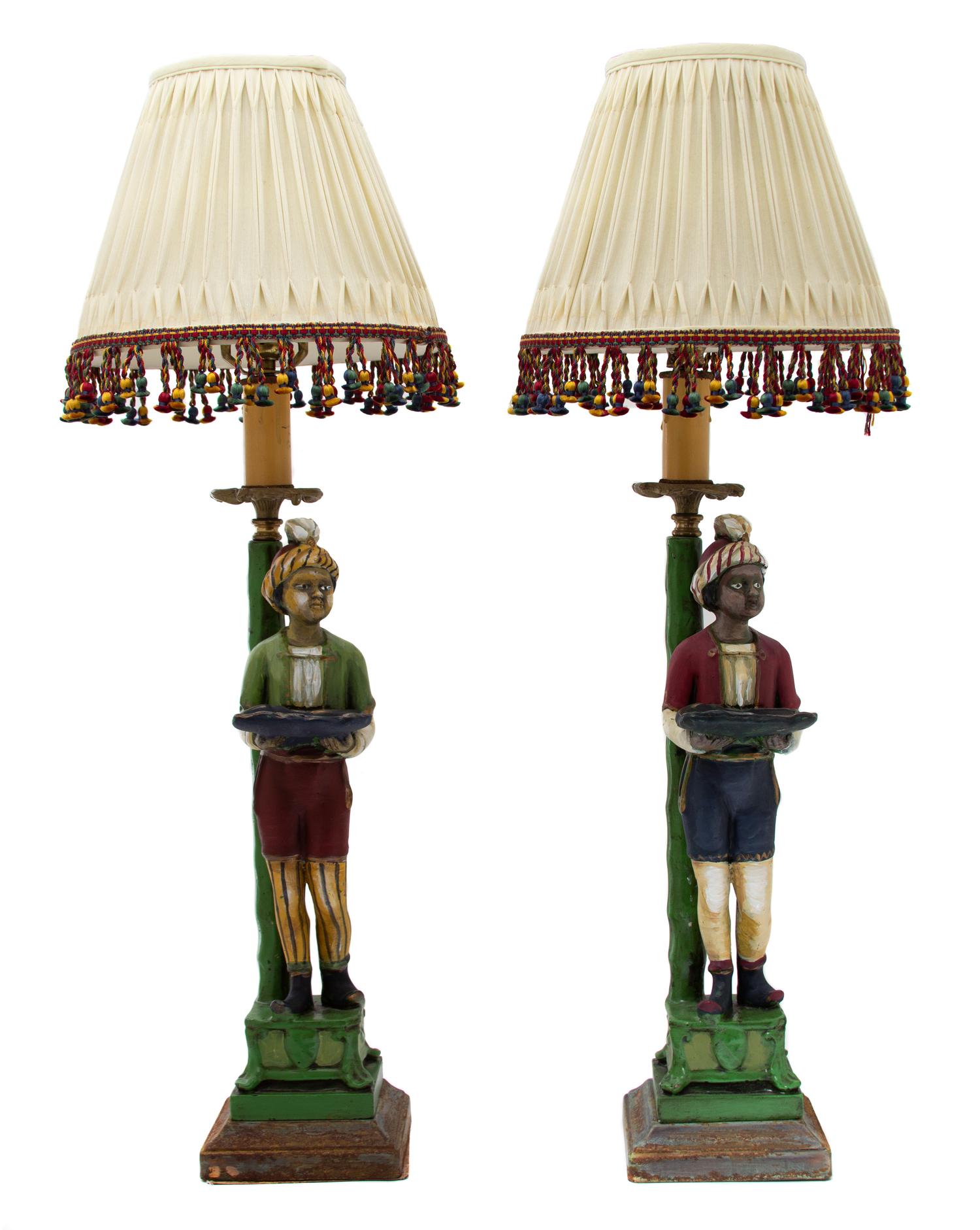 A Pair of Italian Painted Composition Figural Table Lamps Height 20 inches. — 20TH CENTURY