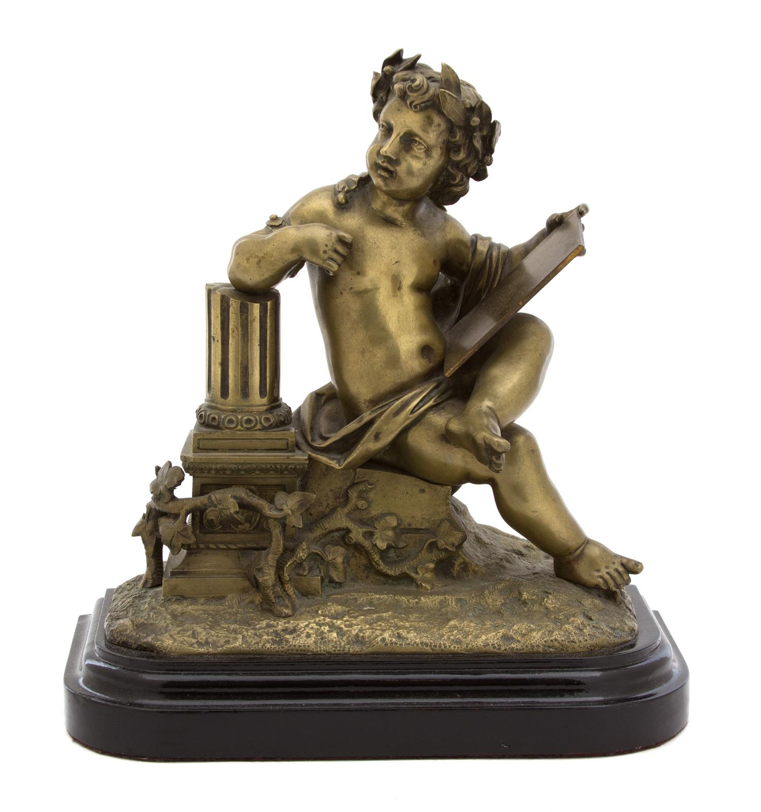 A French Gilt Bronze Model of a Putto with Tablet Leaning on a Column Height 11 1/2 x width 10 x depth 4 inches. — 19TH CENTURY