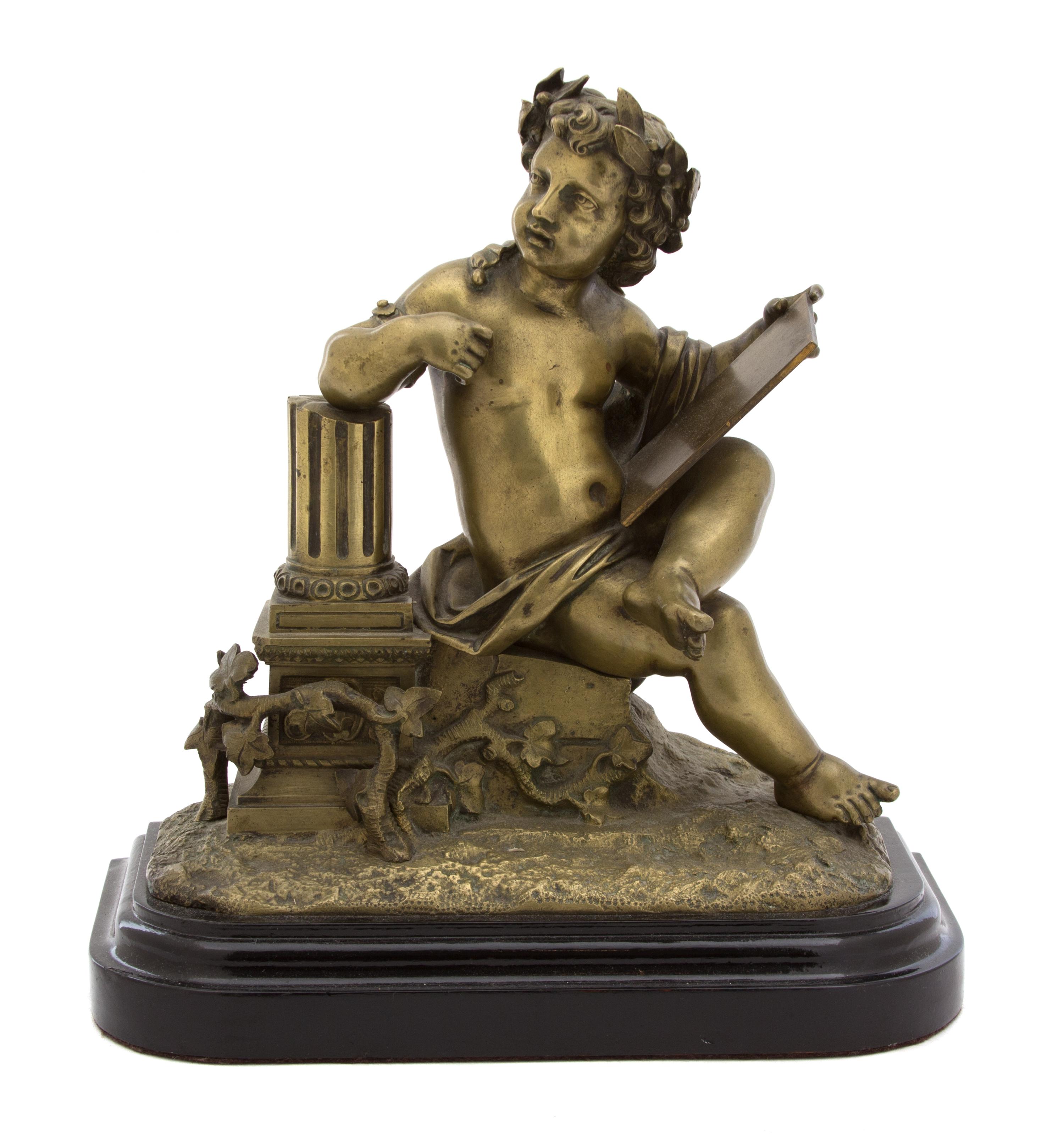 A French Gilt Bronze Model of a Putto with Tablet Leaning on a Column Height 11 1/2 x width 10 x depth 4 inches. — 19TH CENTURY