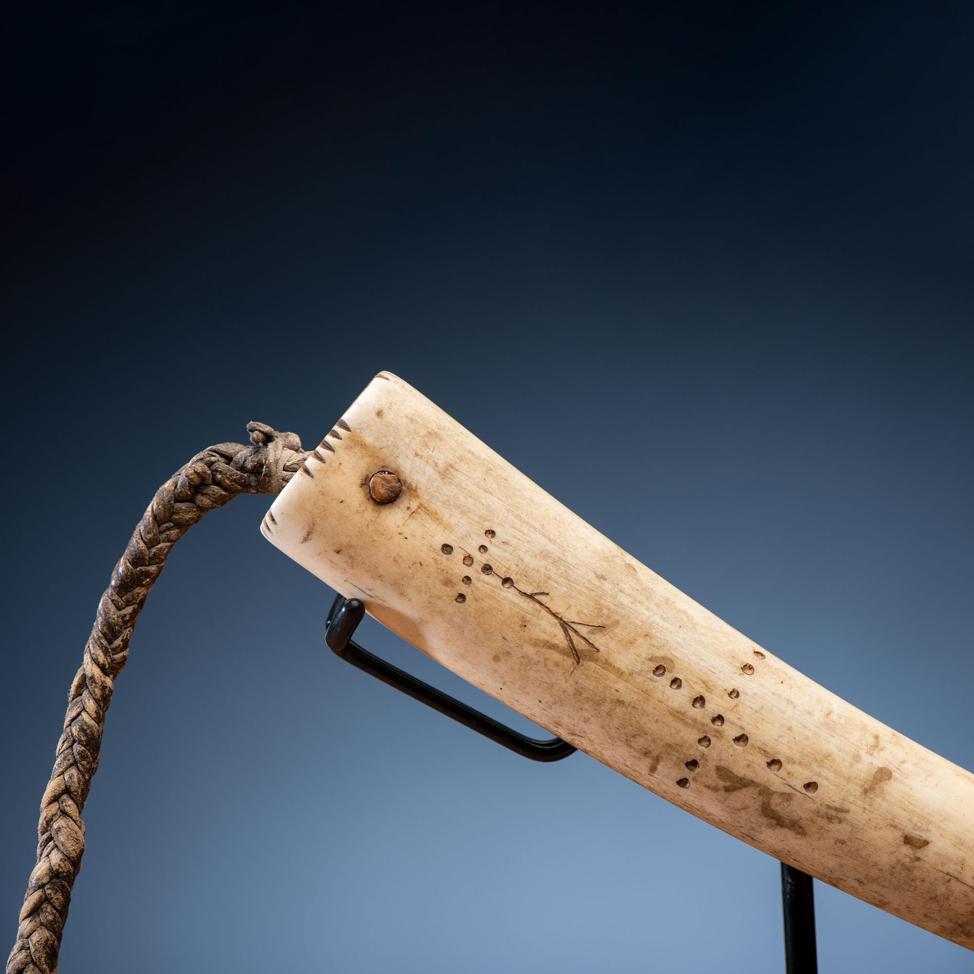 Kiowa Decorated Antler Quirt, with Buffalo Hide Wrist Strap