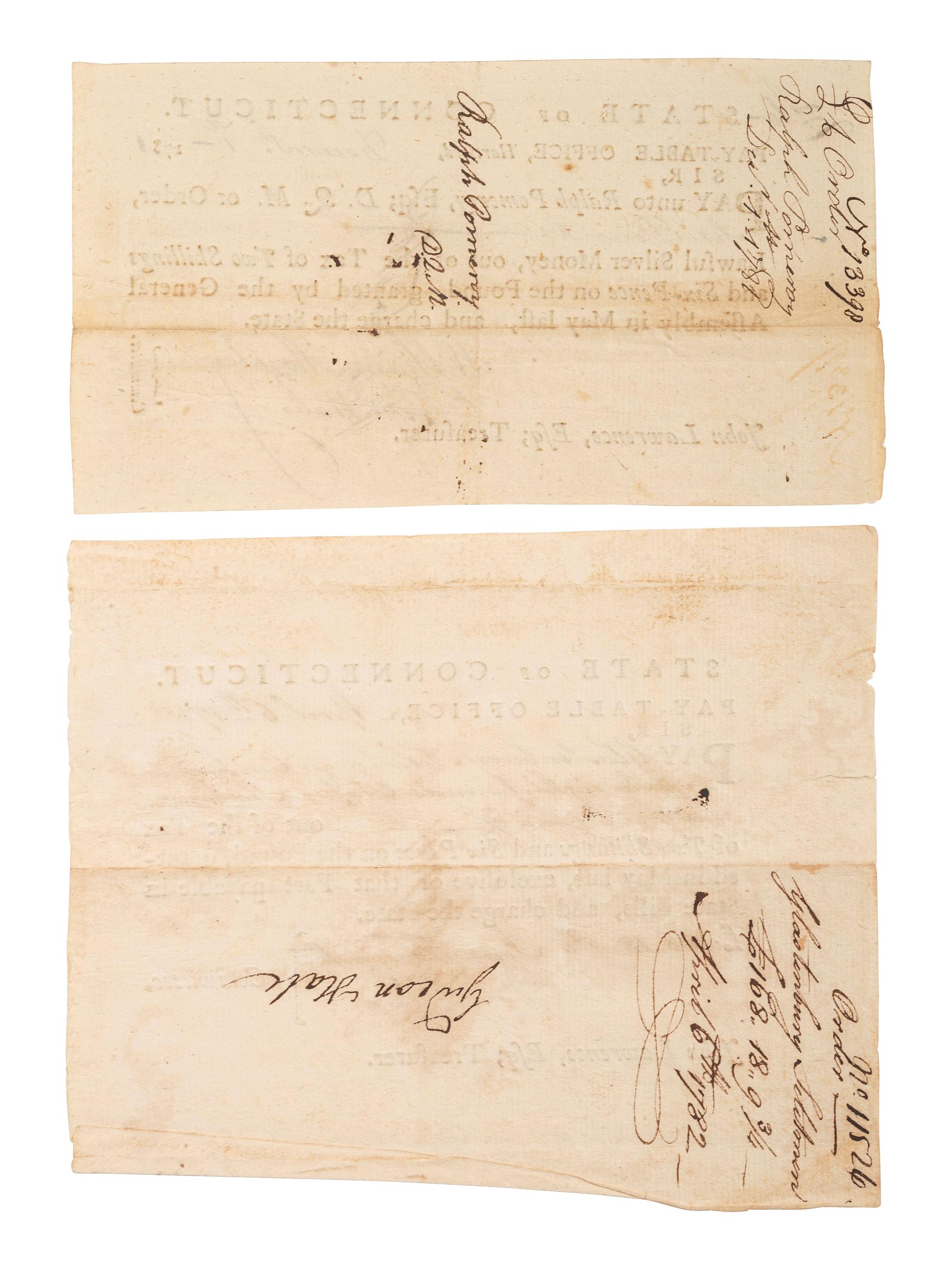 [REVOLUTIONARY WAR]. Documents related to payment of Connecticut soldiers.