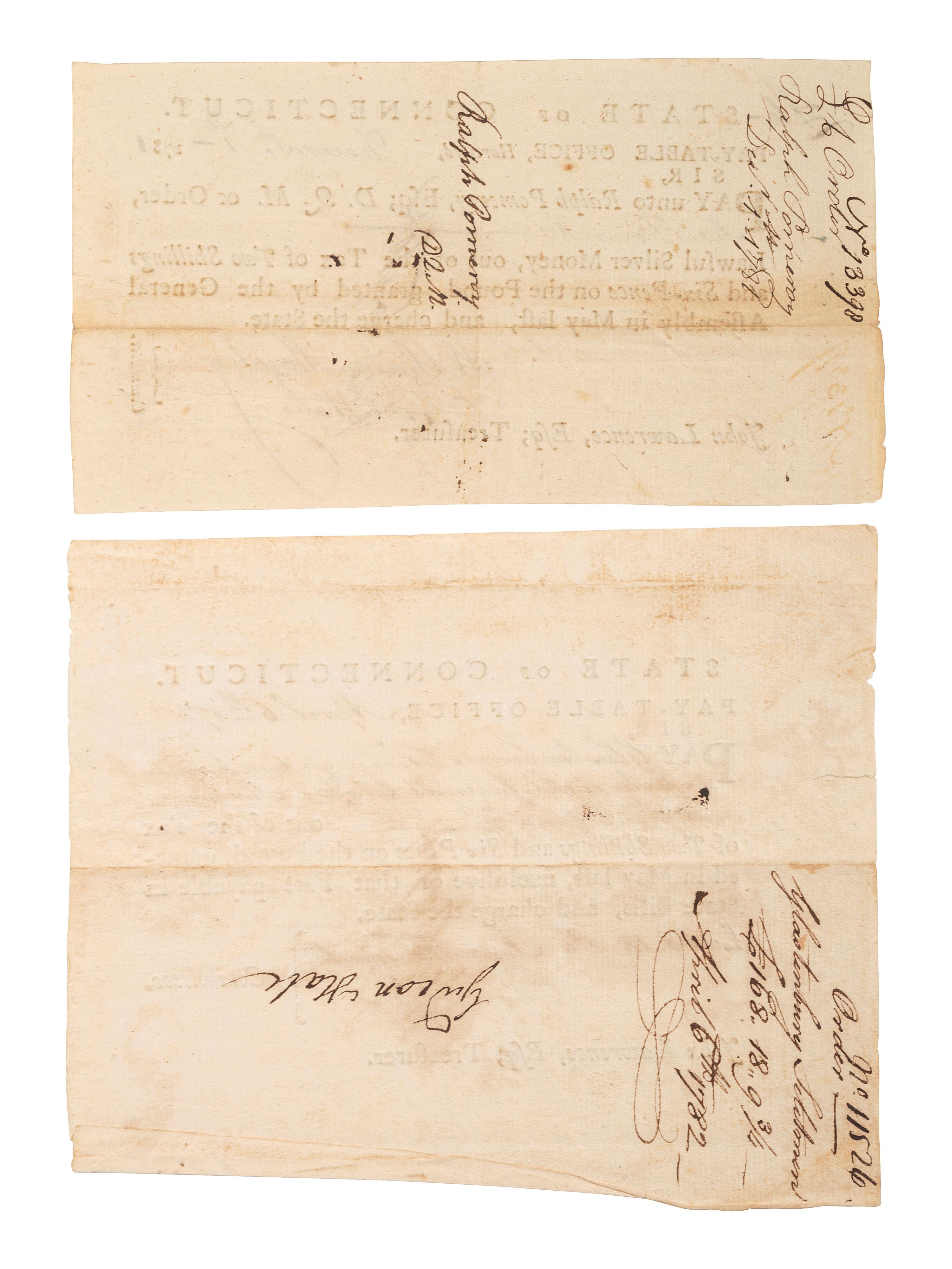 [REVOLUTIONARY WAR]. Documents related to payment of Connecticut soldiers.