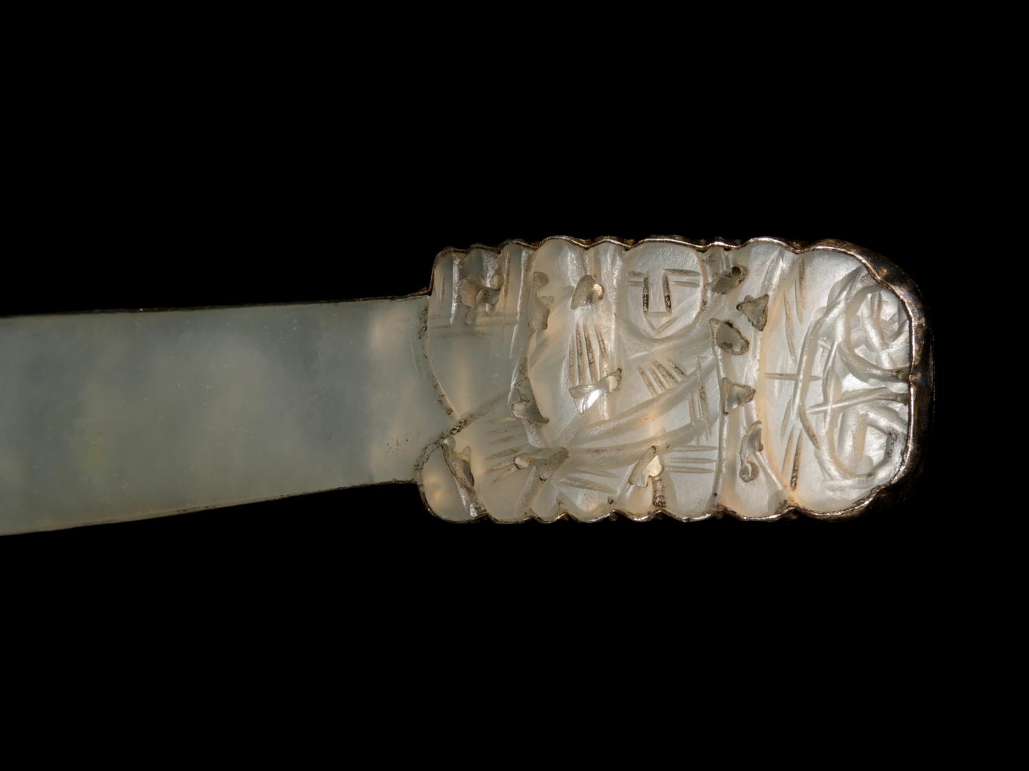 A Jade, Jadeite and Hardstone Inset Filigree and Enameled Hand Mirror