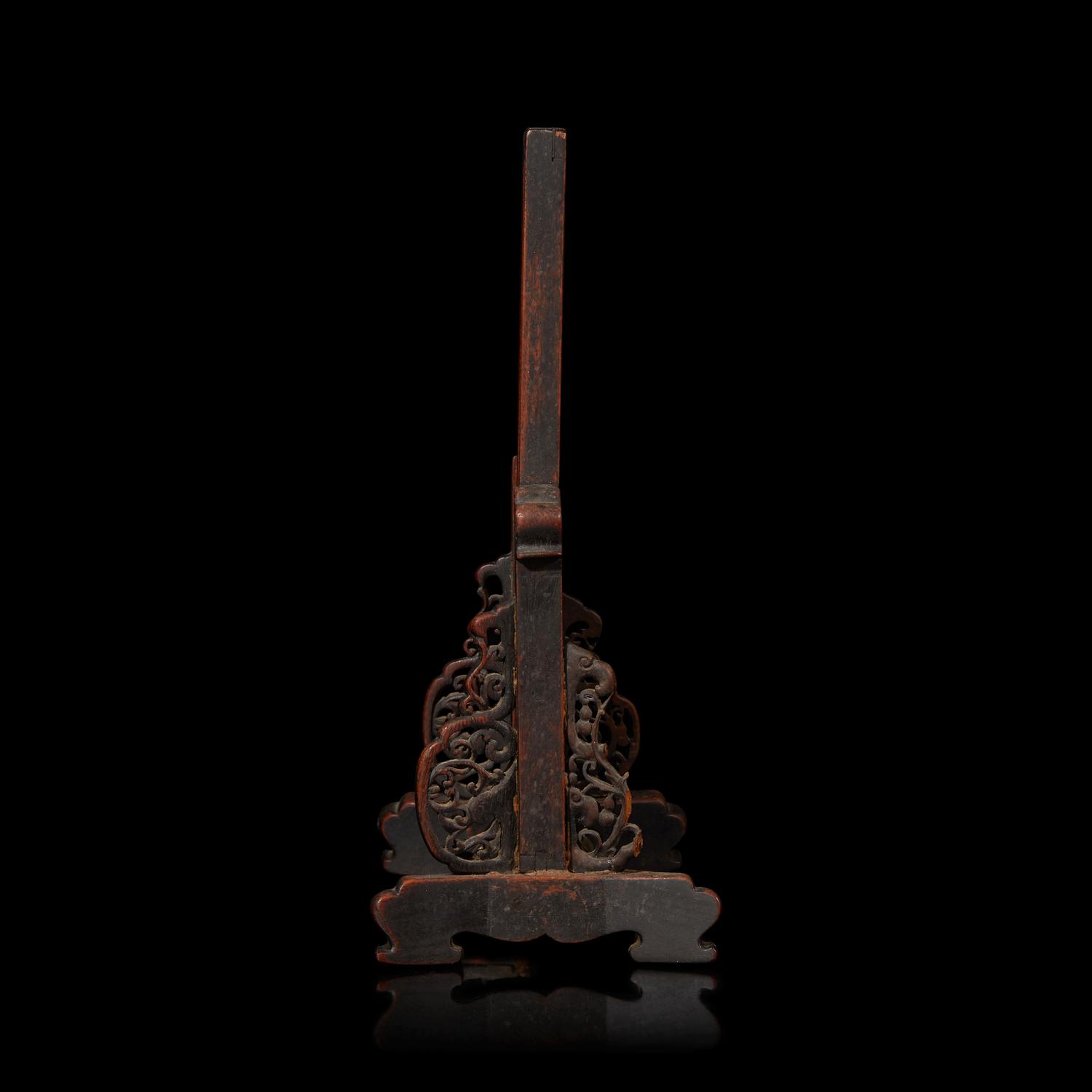 A Chinese Enameled Porcelain 'Landscape' and Carved Wood Table Screen, 19th Century 清晚期 硬木嵌粉彩山水圖插屏