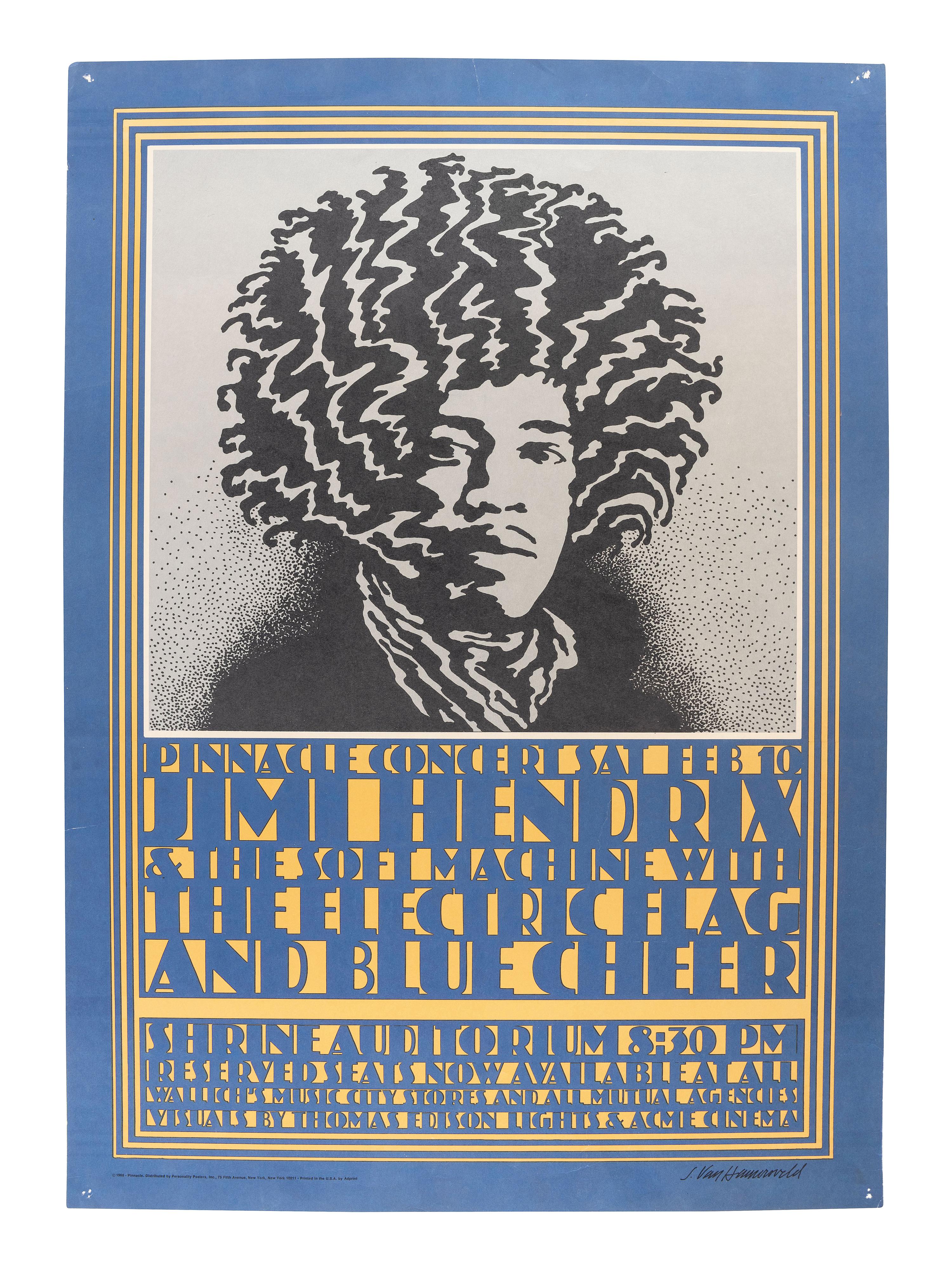 [MUSIC] -- [POSTERS]. VAN HAMERSVELD, John, artist. A group of 2 posters promoting Jimi Hendrix and Jefferson Airplane in 1968. [With:] Ephemera from legendary poster dealer Ben Freidman.