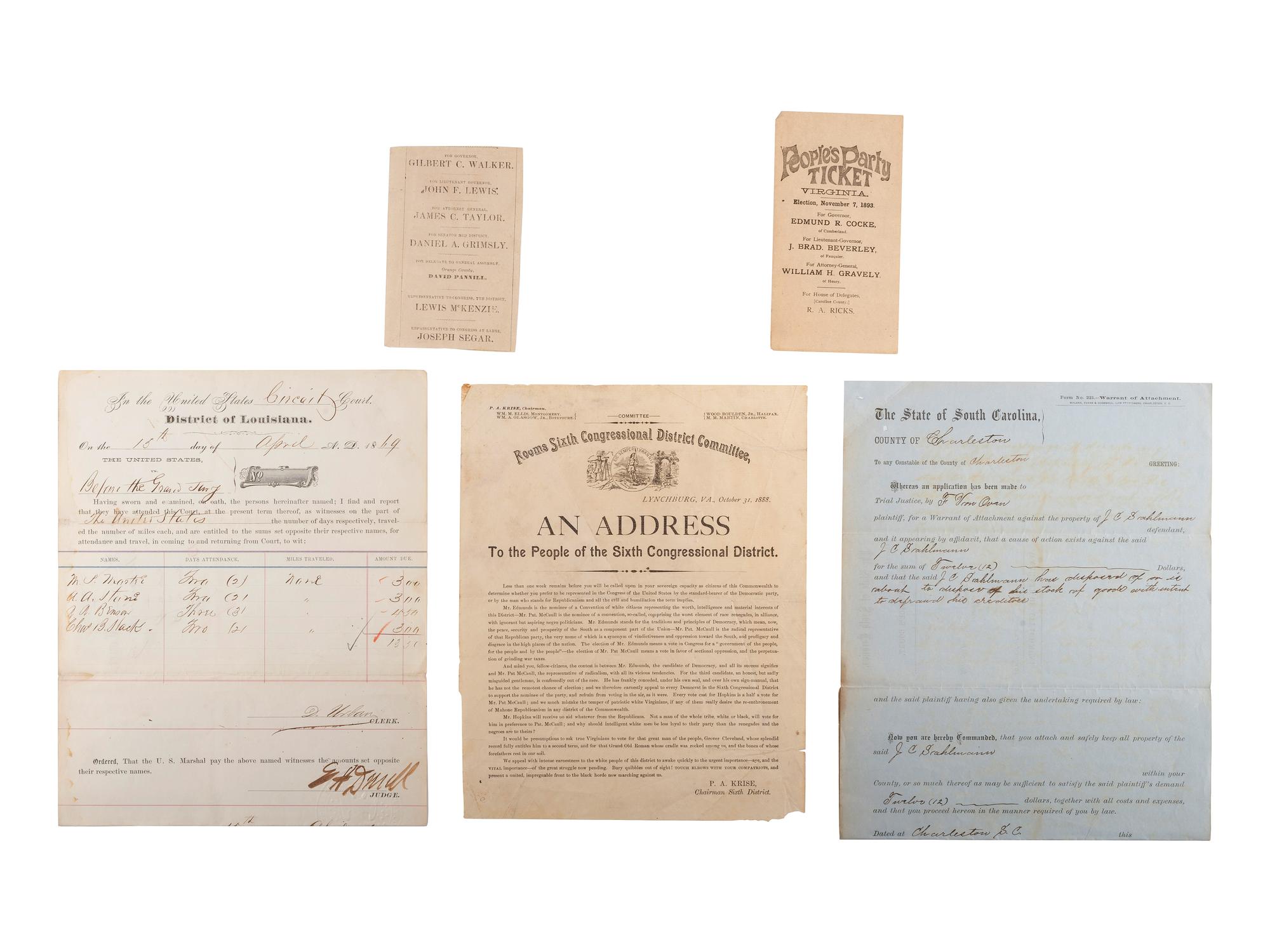 [RECONSTRUCTION]. A group of documents, pamphlets, and other ephemera concerned with post-Civil War politics, education, and pardons, comprising: