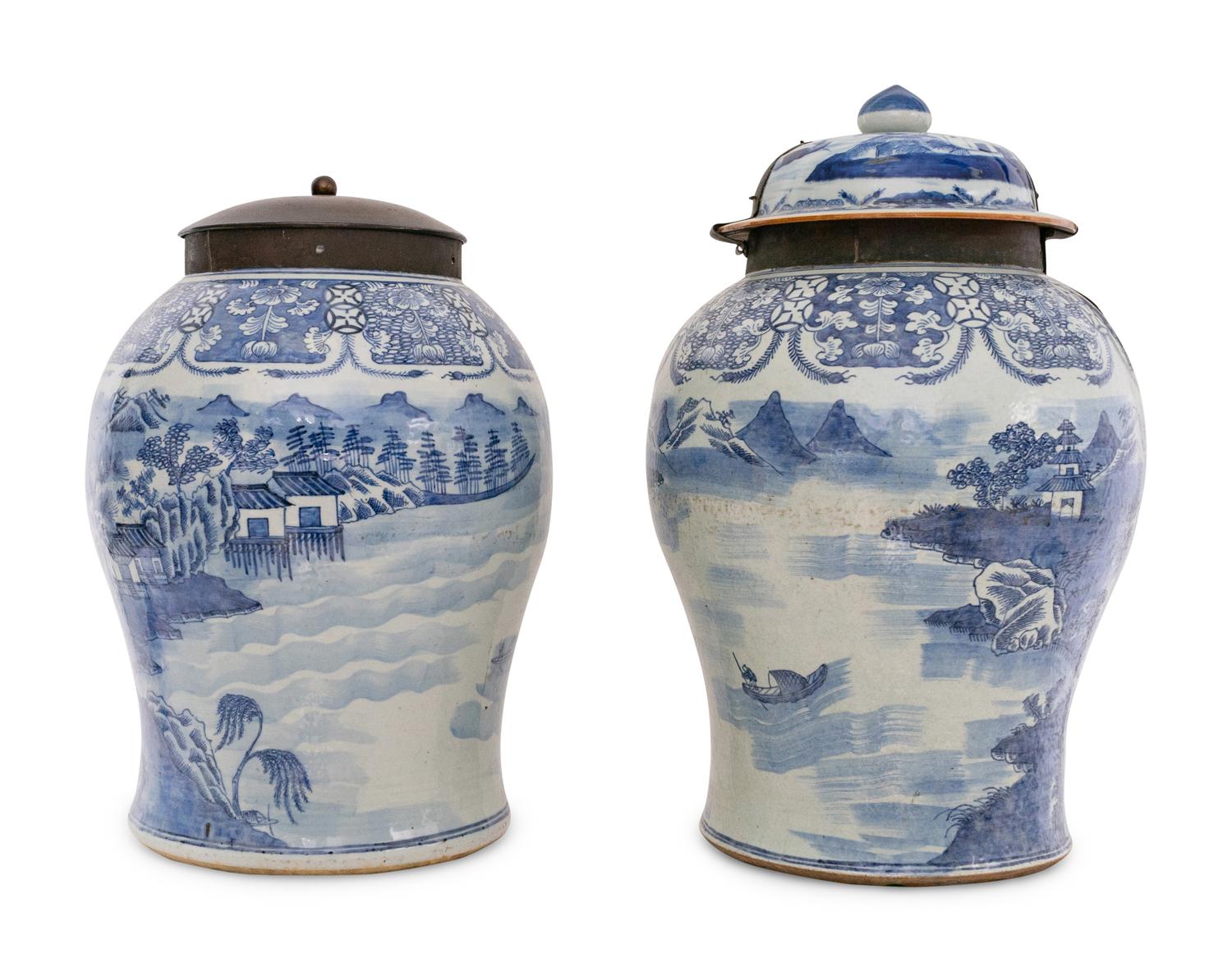 A Pair of Large Canton Export Brass-Mounted Porcelain Jars
