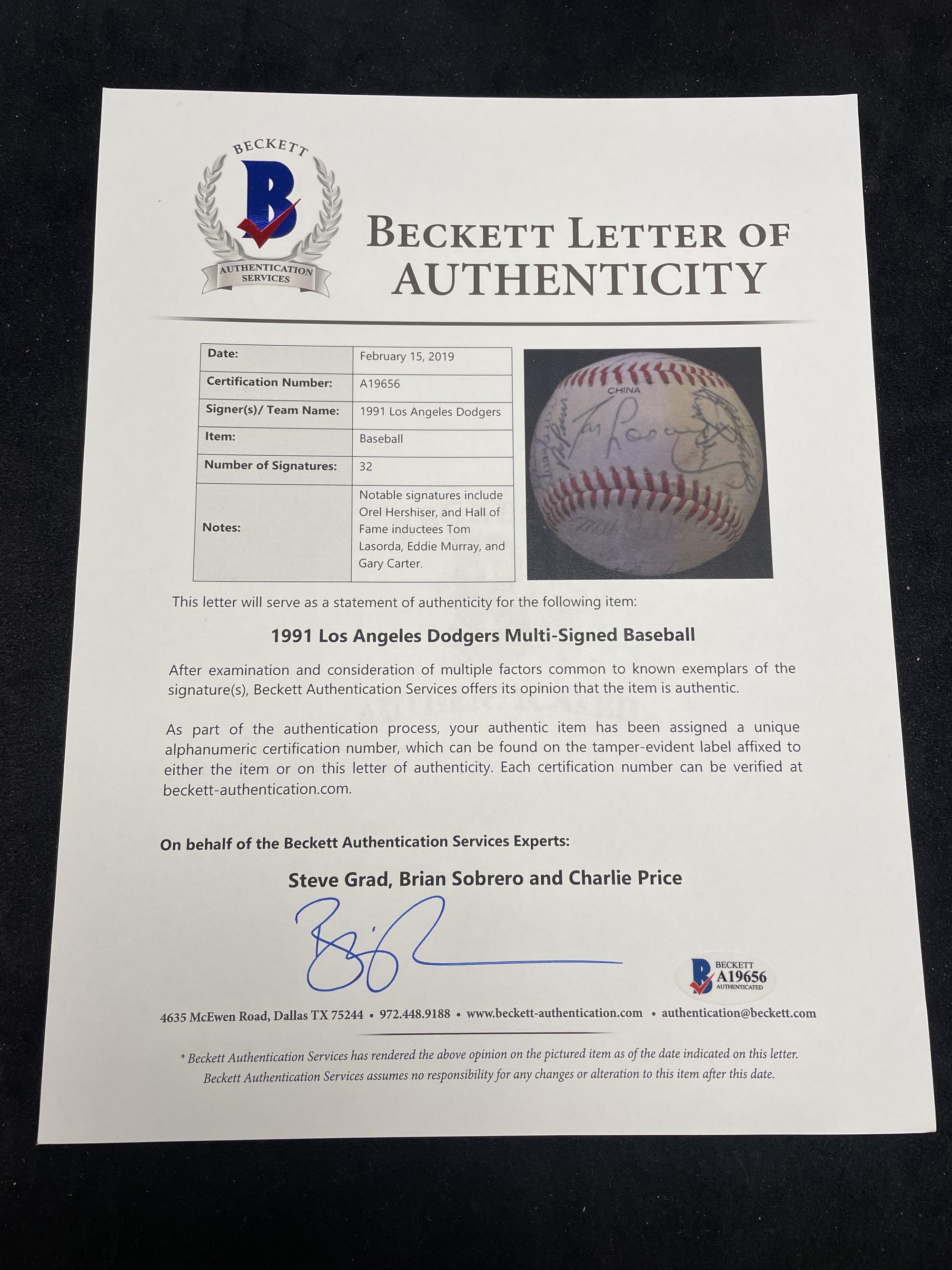 A 1991 Los Angeles Dodgers Team Signed Autograph Baseball (Beckett Authentication Services Letter of Authenticity)
