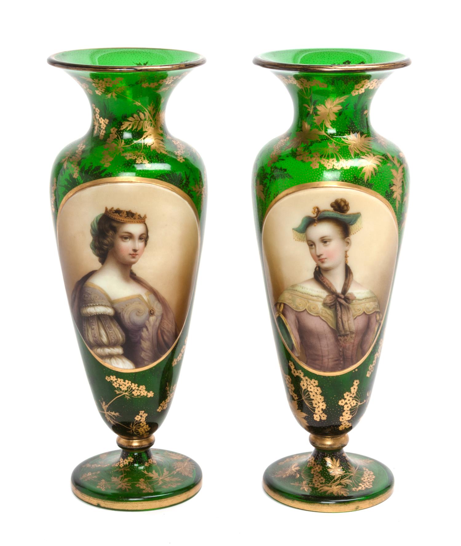 A Pair of Bohemian Gilt Decorated Portrait Vases Height 10 3/4 inches.