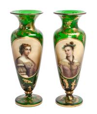 A Pair of Bohemian Gilt Decorated Portrait Vases Height 10 3/4 inches.