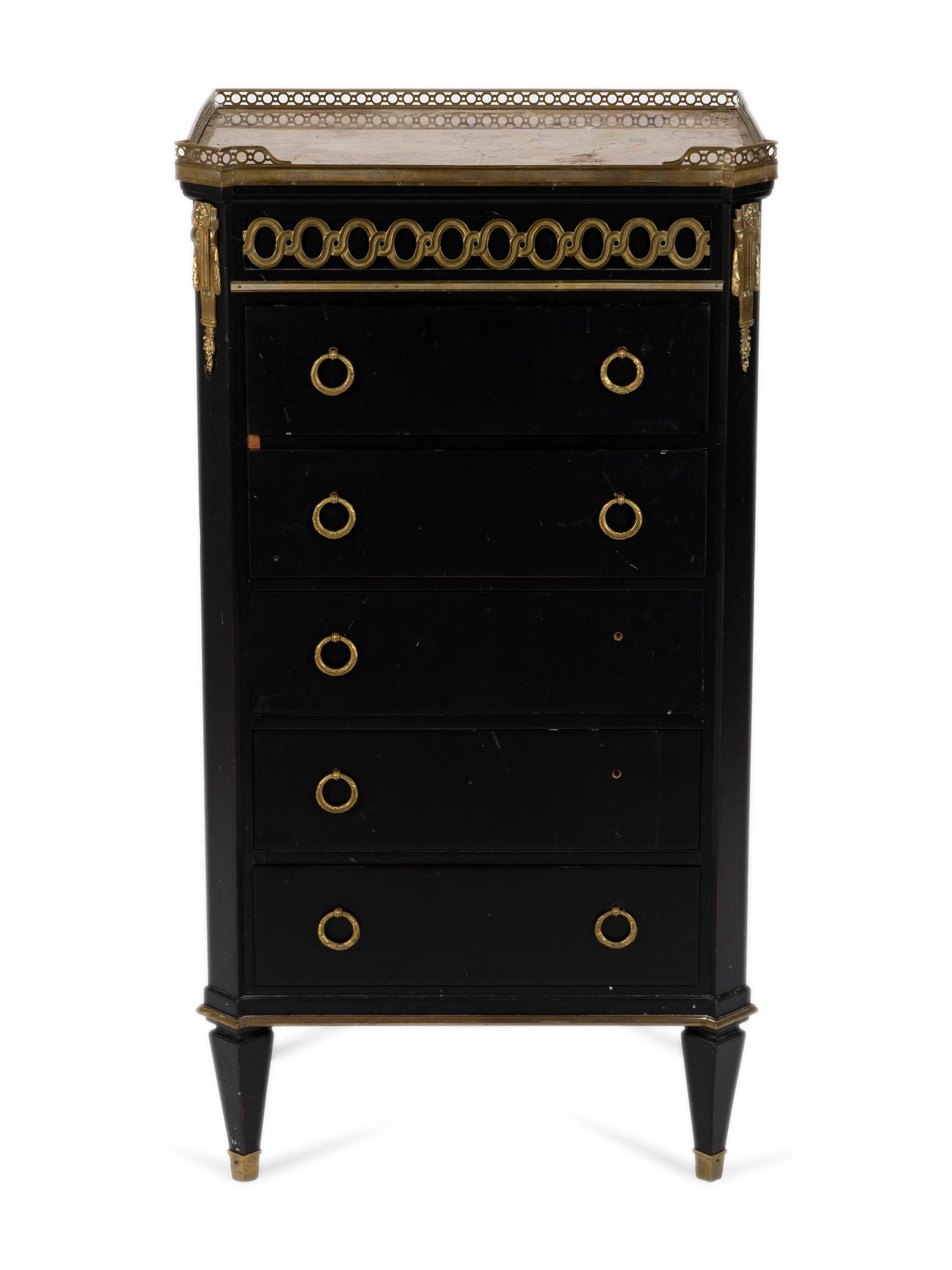 A Louis XVI Style Gilt Bronze Mounted Ebonized Marble Top Cabinet — 20TH CENTURY