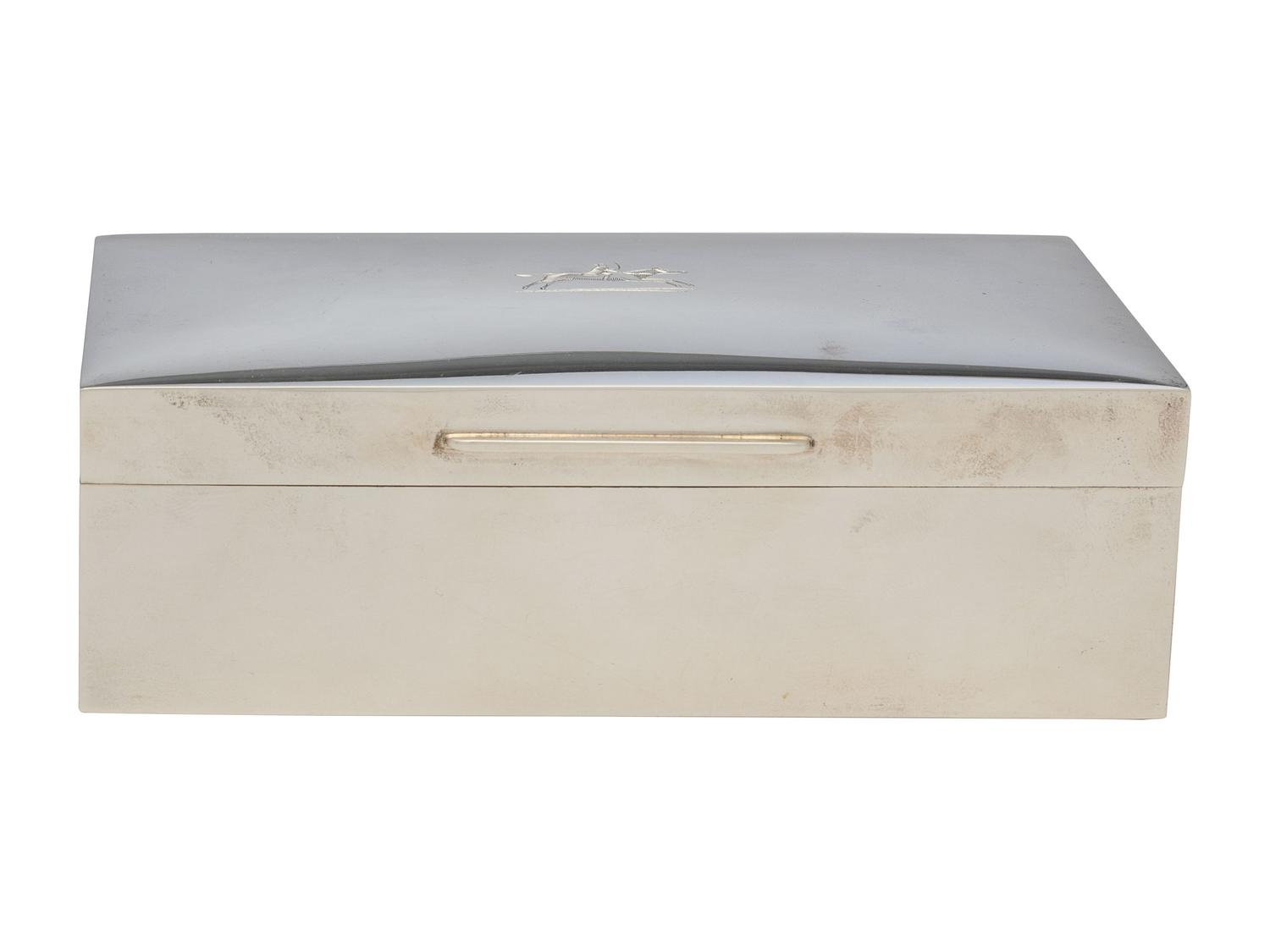 An English Silver Cigarette Box in the Equestrian Taste