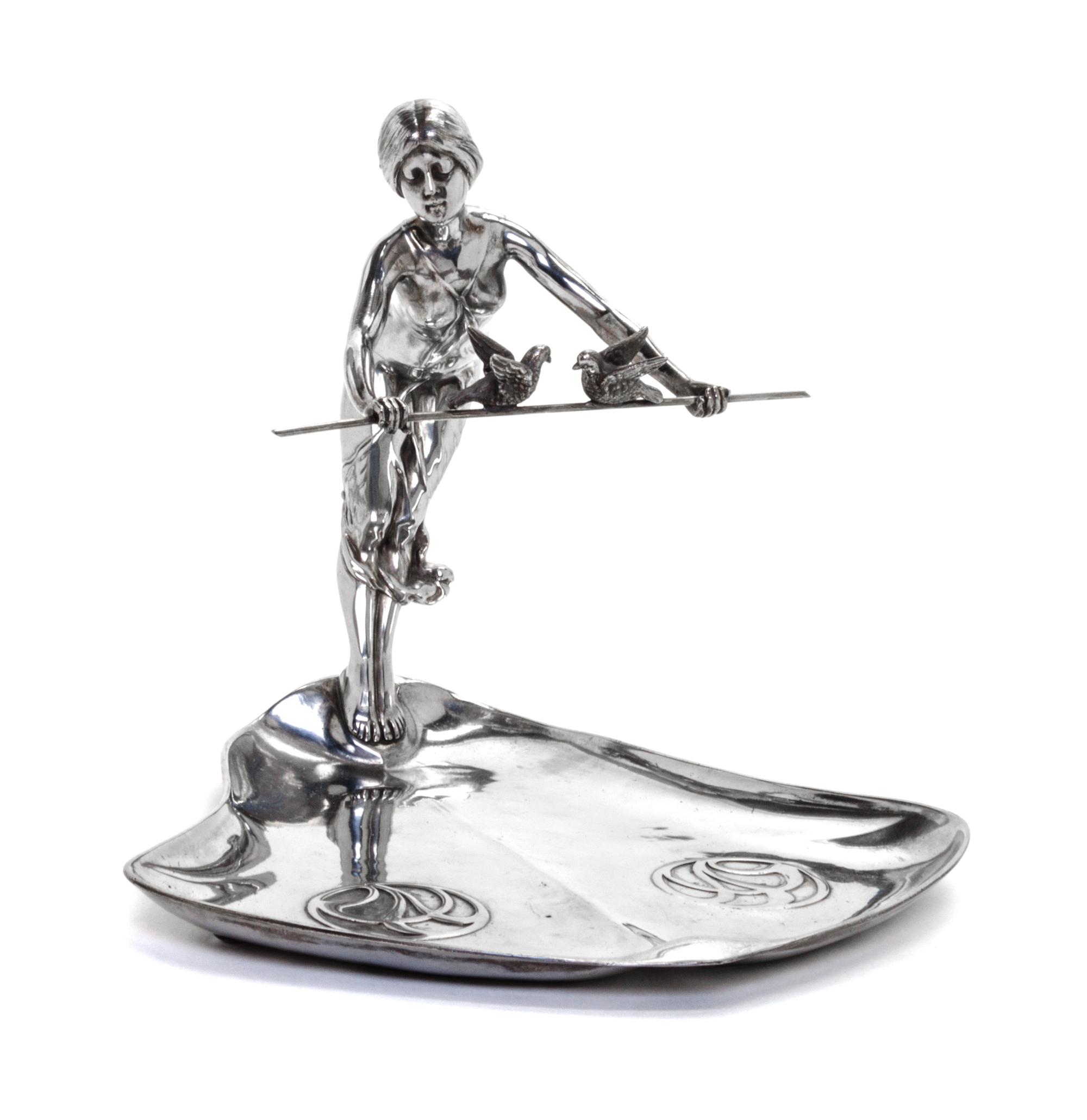 A German Pewter Figural Visiting Card Tray Height 6 3/4 inches. — Wurttembergische Metallwarenfabrik (WMF), Geislingen
