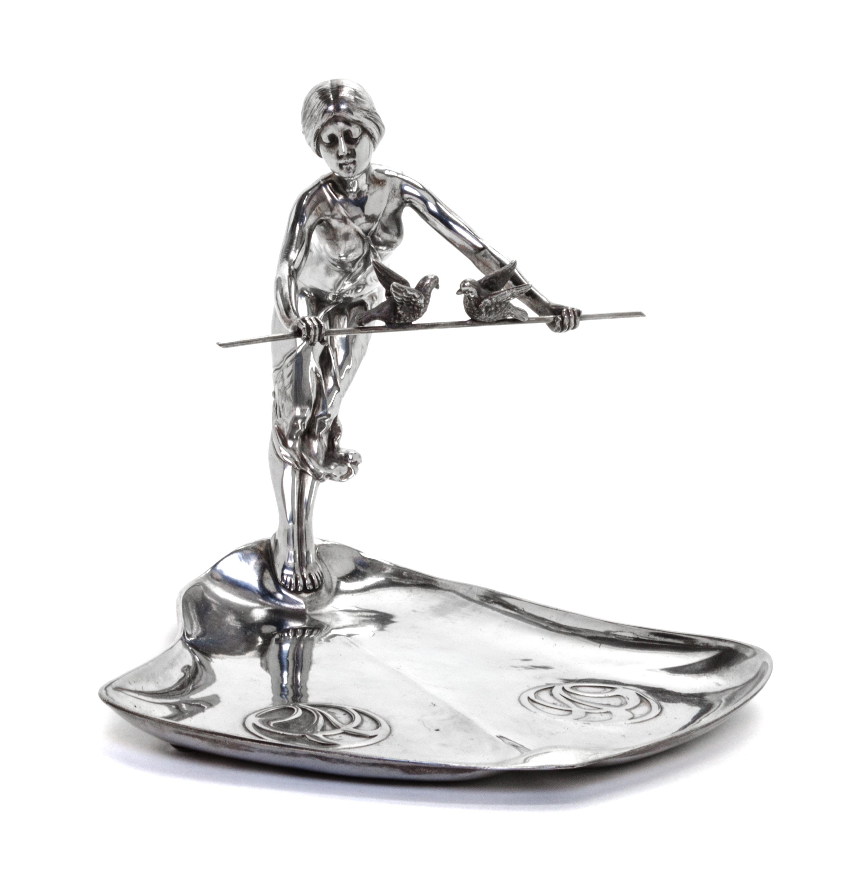 A German Pewter Figural Visiting Card Tray Height 6 3/4 inches. — Wurttembergische Metallwarenfabrik (WMF), Geislingen