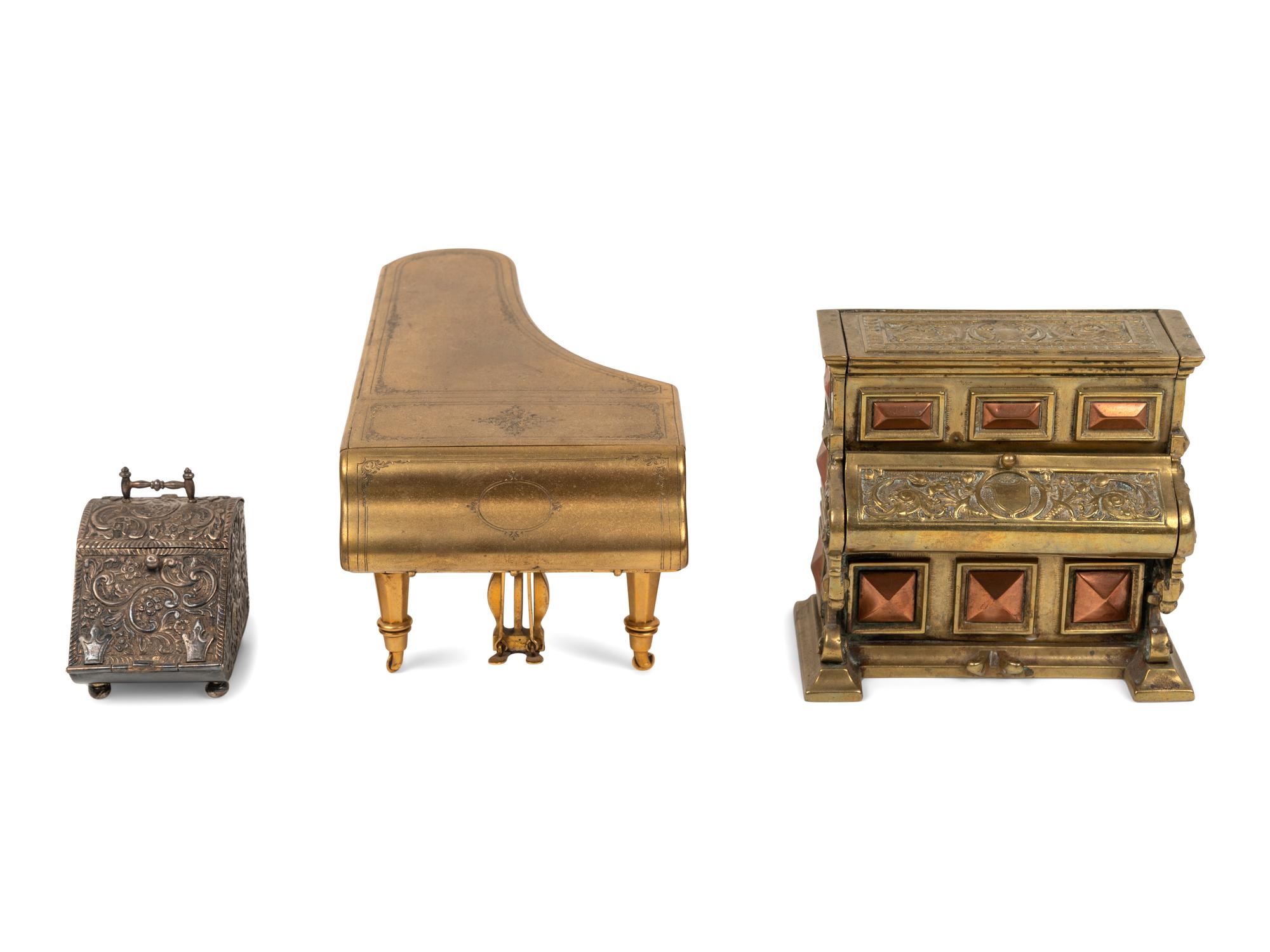 Two Piano-Form Inkwells and an English Silver Letterbox Inkwell