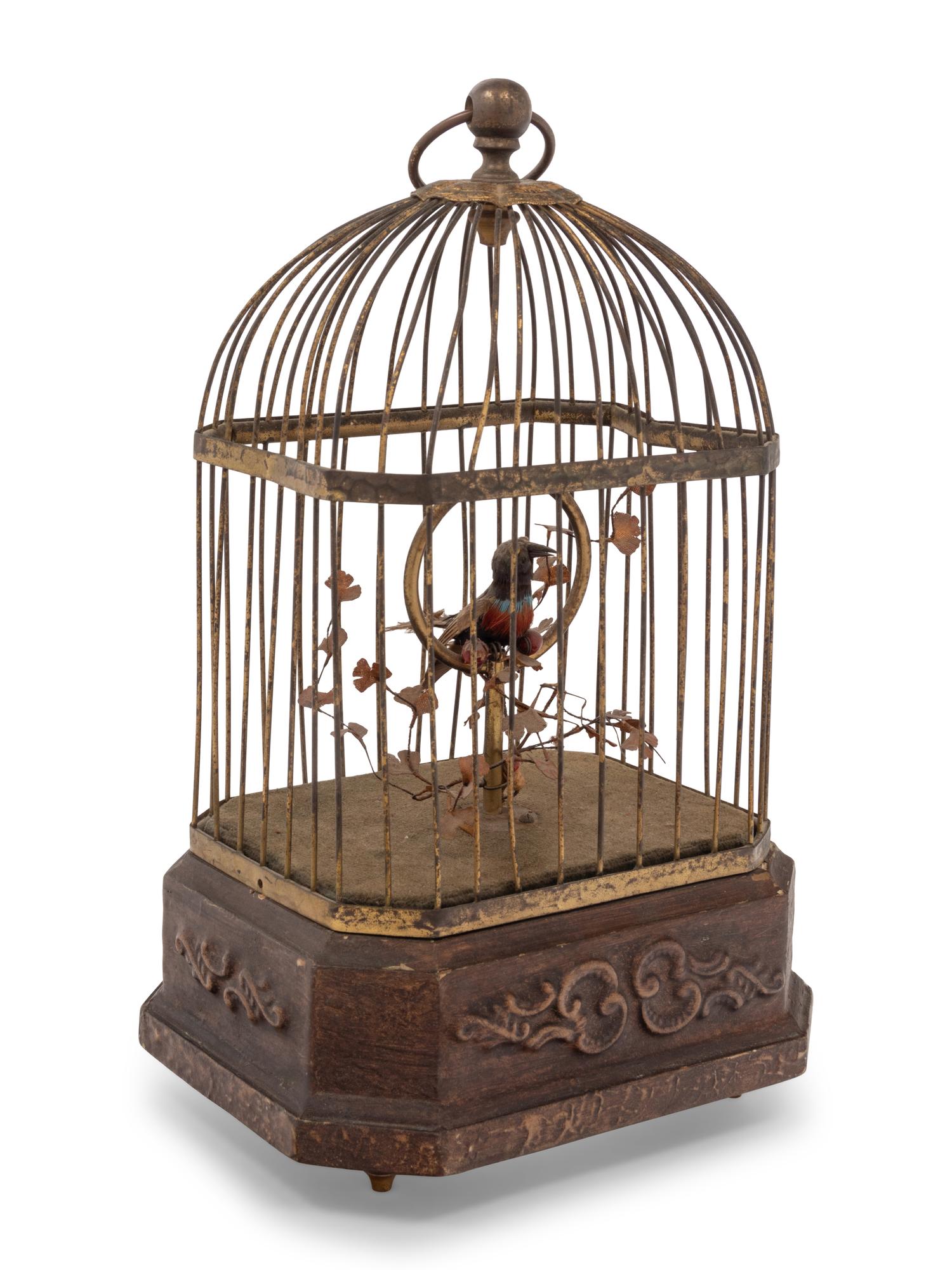 A German Gilt Metal Singing Automaton Bird Cage by Karl Griesbaum