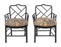 A Pair of Chinese Chippendale Style Black Painted Faux Bamboo Armchairs