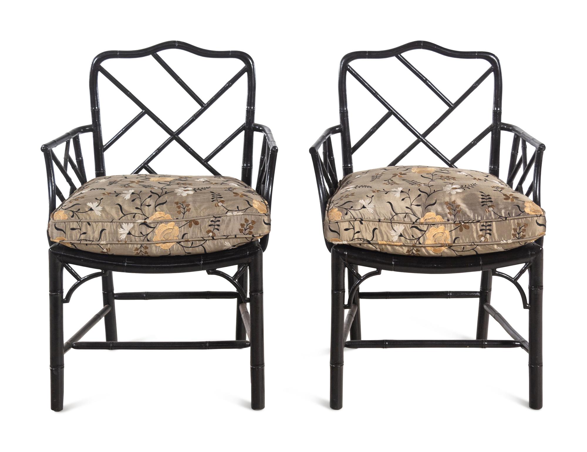A Pair of Chinese Chippendale Style Black Painted Faux Bamboo Armchairs