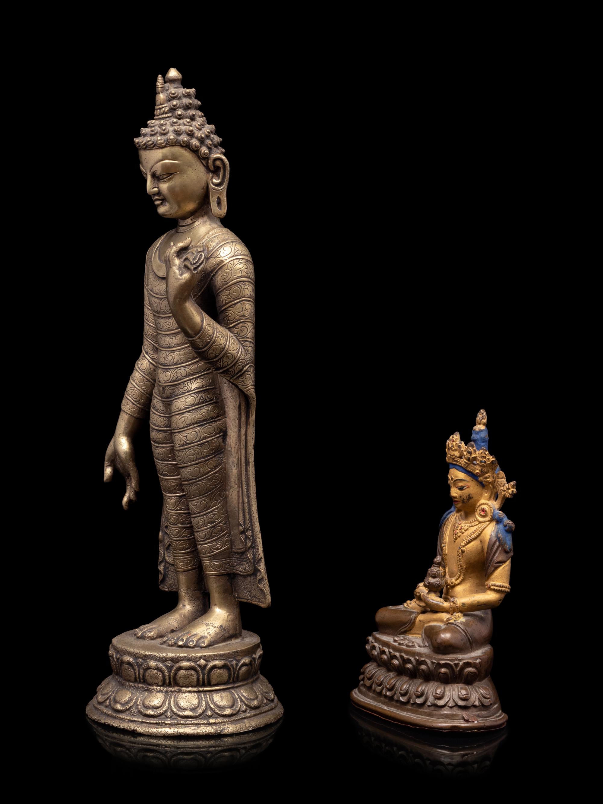 A Sino-Tibetan Gilt Bronze Figure of Buddha and A Bronze Figure of Standing Buddha