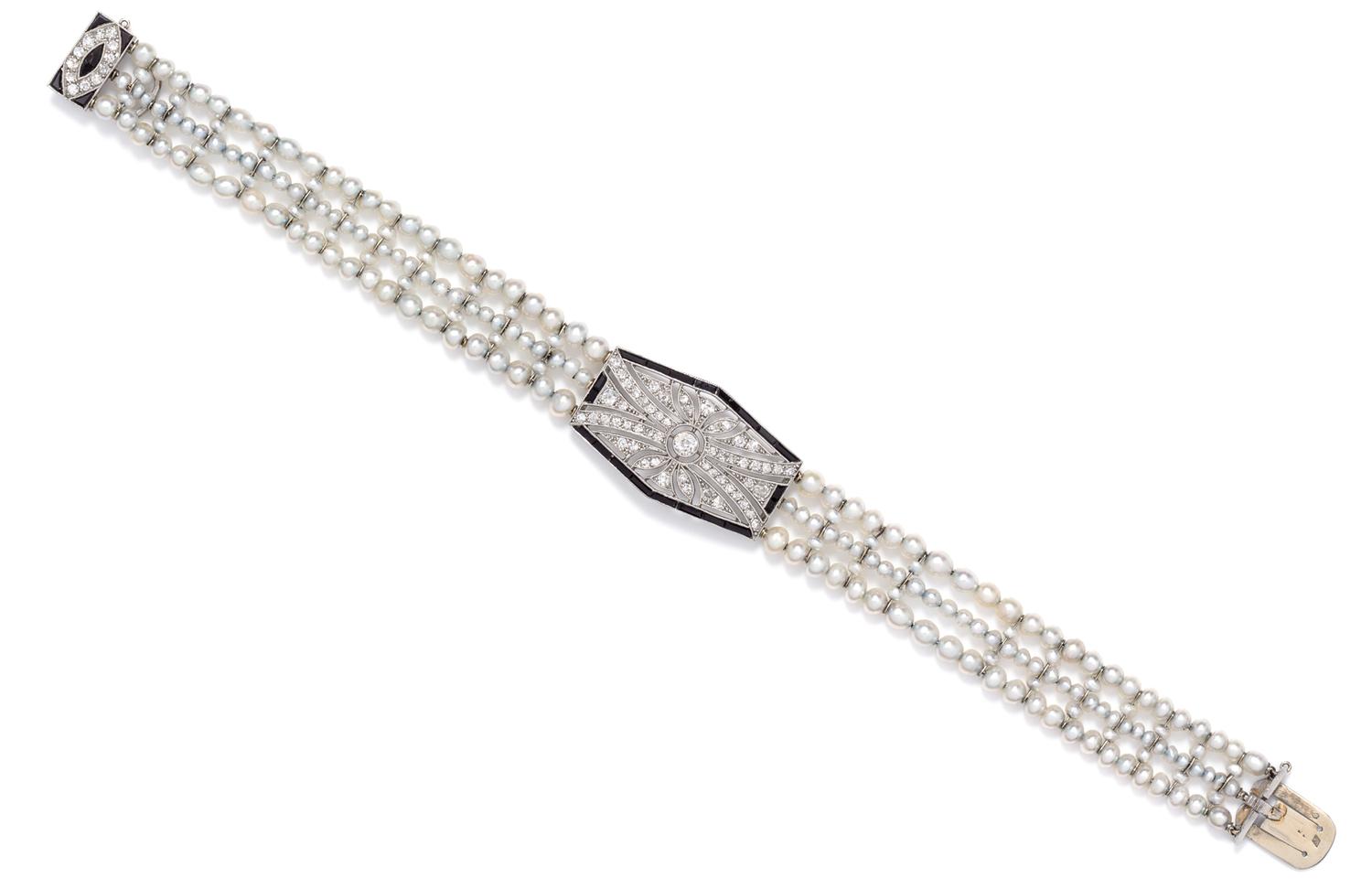 An Art Deco Platinum, Natural Pearl, Onyx and Diamond Bracelet, Georges Fouquet, 10.00 dwts.