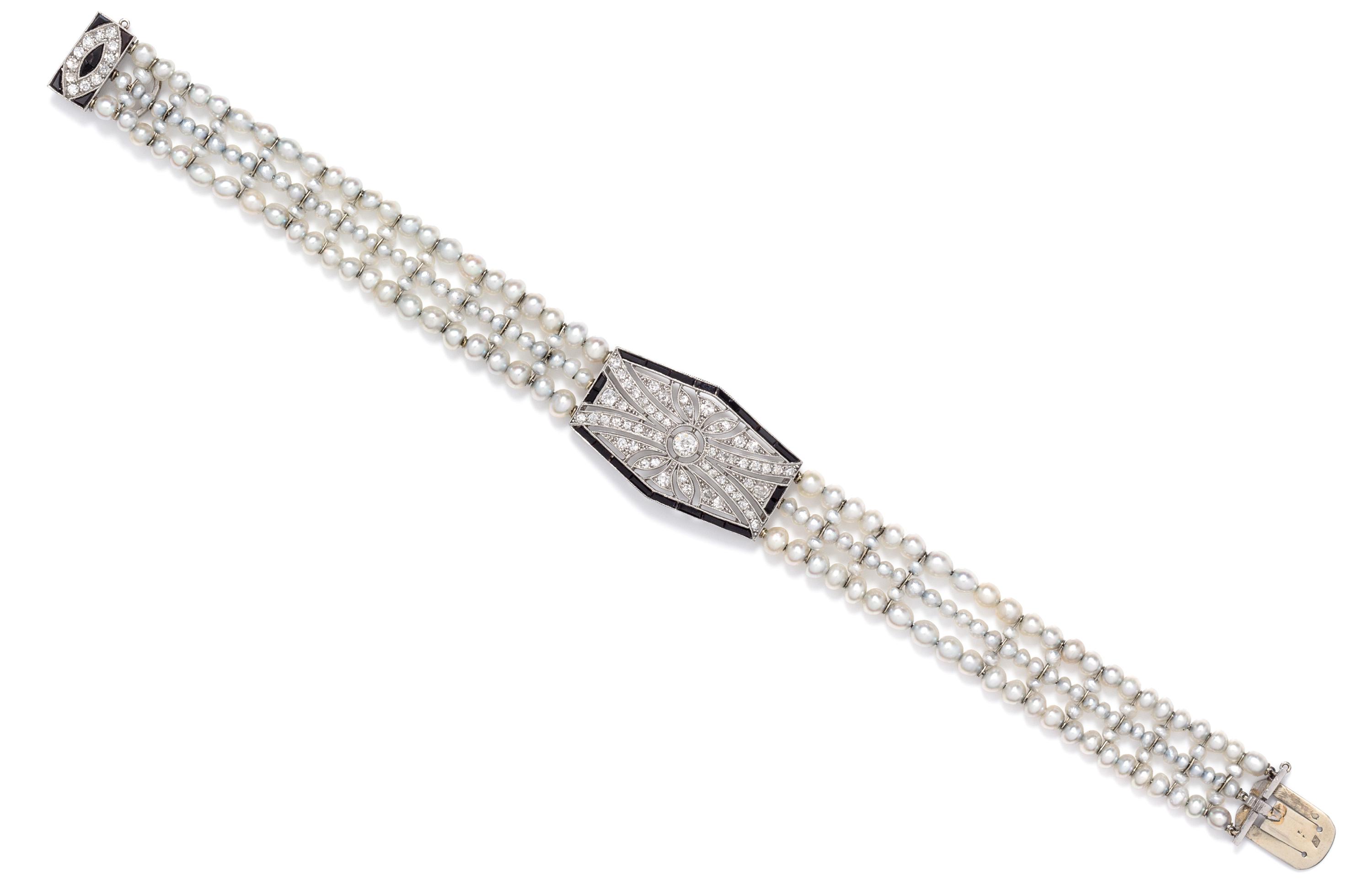 An Art Deco Platinum, Natural Pearl, Onyx and Diamond Bracelet, Georges Fouquet, 10.00 dwts.