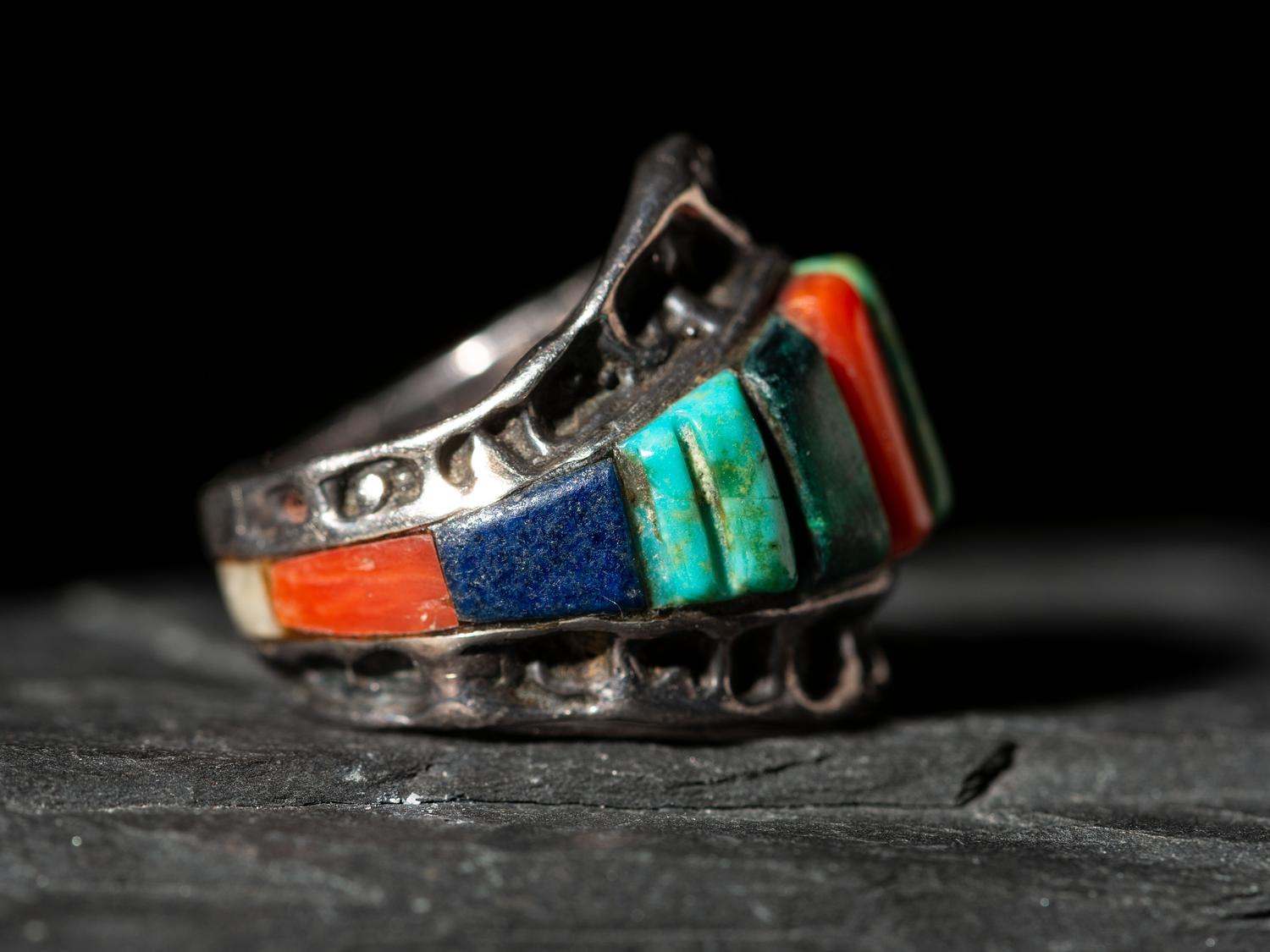 Silver Tufa Cast Shield Ring, with Cobblestone Inlay