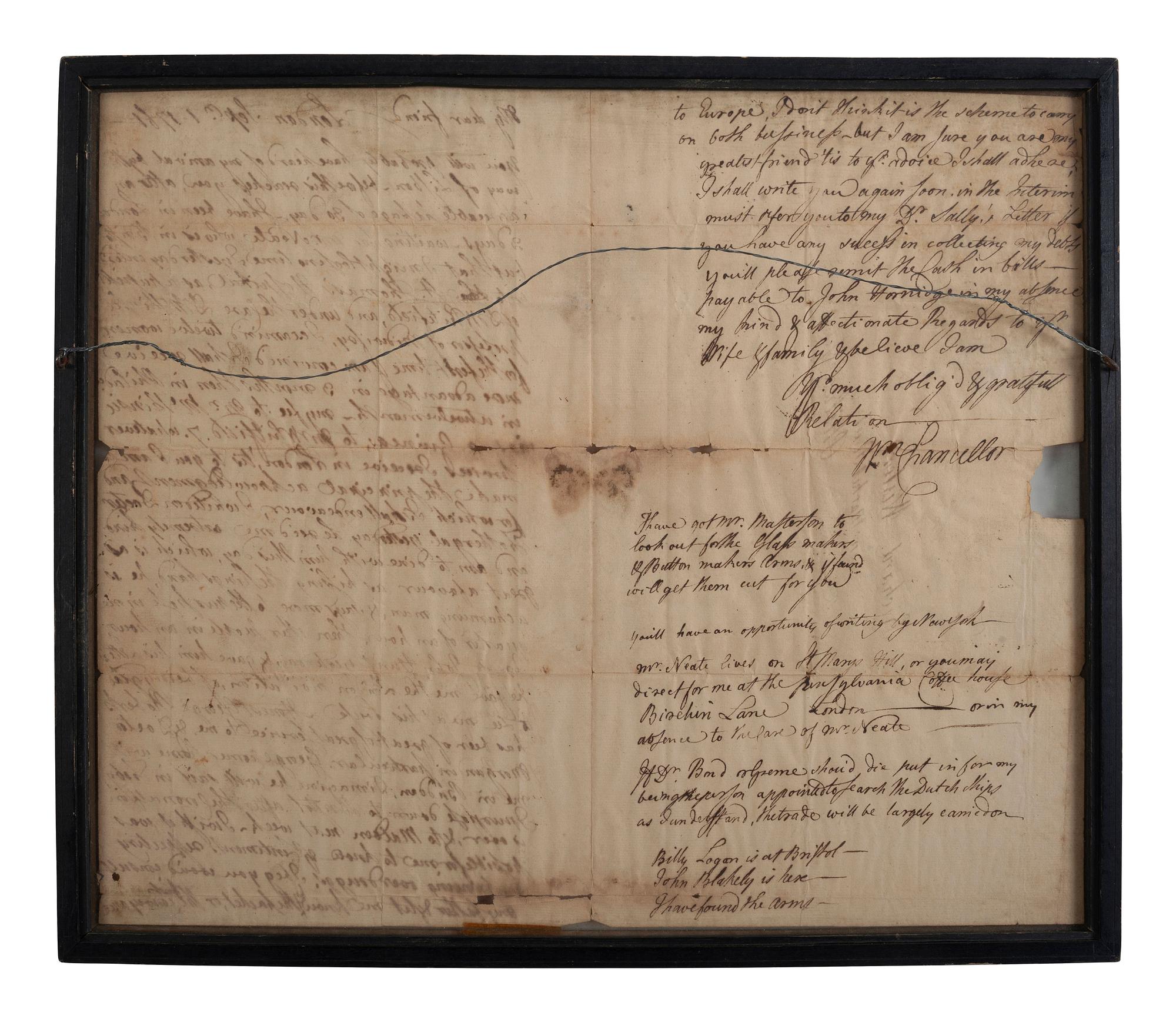 CHANCELLOR, Dr. William (1727-1762). Autograph letter signed ("Wm. Chancellor"), with reference to the transatlantic slave trade. London. 1 September 1761.