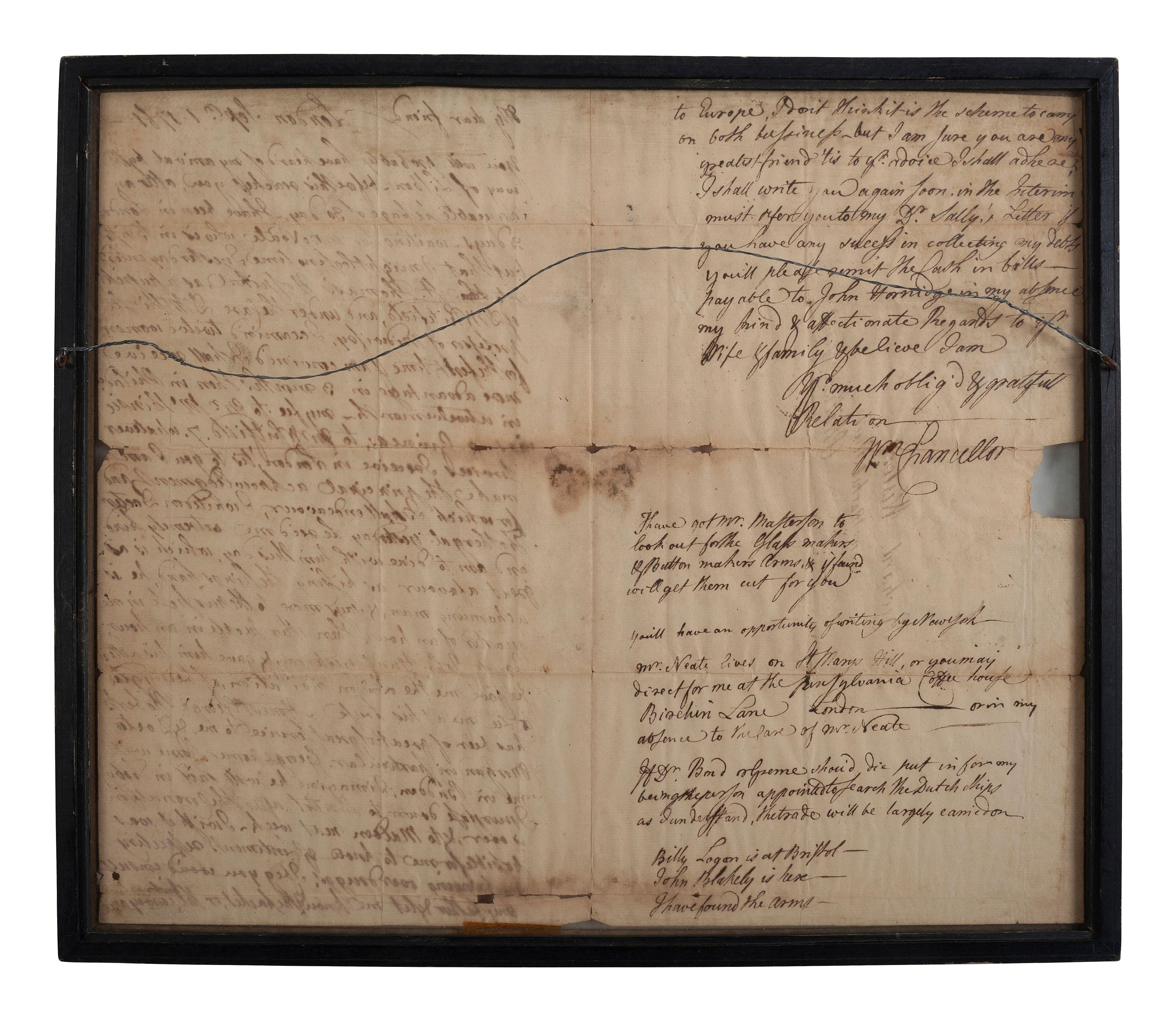 CHANCELLOR, Dr. William (1727-1762). Autograph letter signed ("Wm. Chancellor"), with reference to the transatlantic slave trade. London. 1 September 1761.