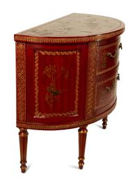 A Regency Style Red and Gilt Lacquer Demi-lune Commode — 20TH CENTURY