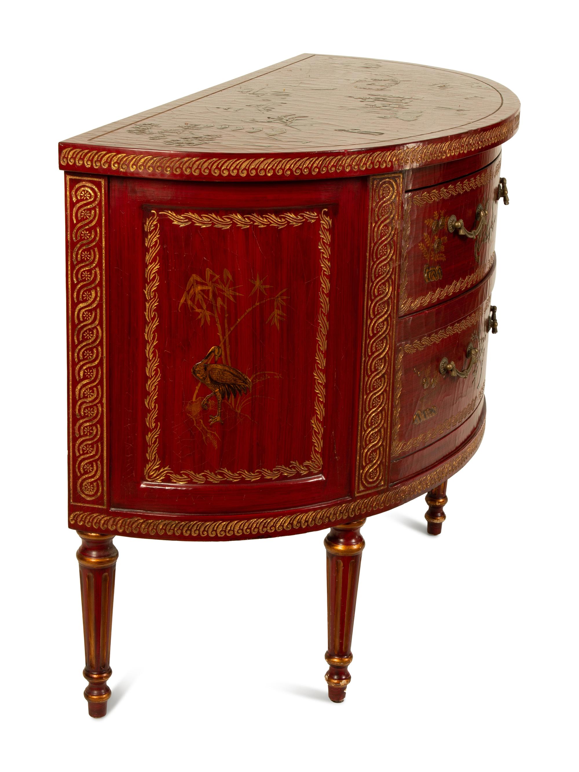 A Regency Style Red and Gilt Lacquer Demi-lune Commode — 20TH CENTURY