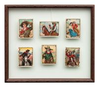 Framed Hassan Western Tobacco Cards, Indian Chewing Gum cards and a Round Up Cigar Mirror