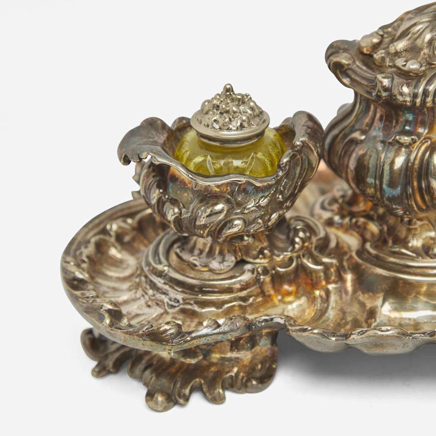 An assorted group of sterling silver, silverplated, and sterling-silver mounted faux tortoiseshell desk items Various makers, various dates ranging late 19th century - 1930
