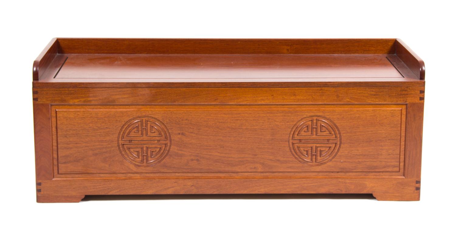 A Chinese Teak Storage Bench Height 17 1/2 x width 48 x depth 18 inches.