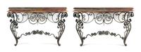 A Pair of Rococo Style Wrought Iron and Onyx Console Tables Heigh 34 x width 56 x depth 21 1/4 inches. — 20TH CENTURY