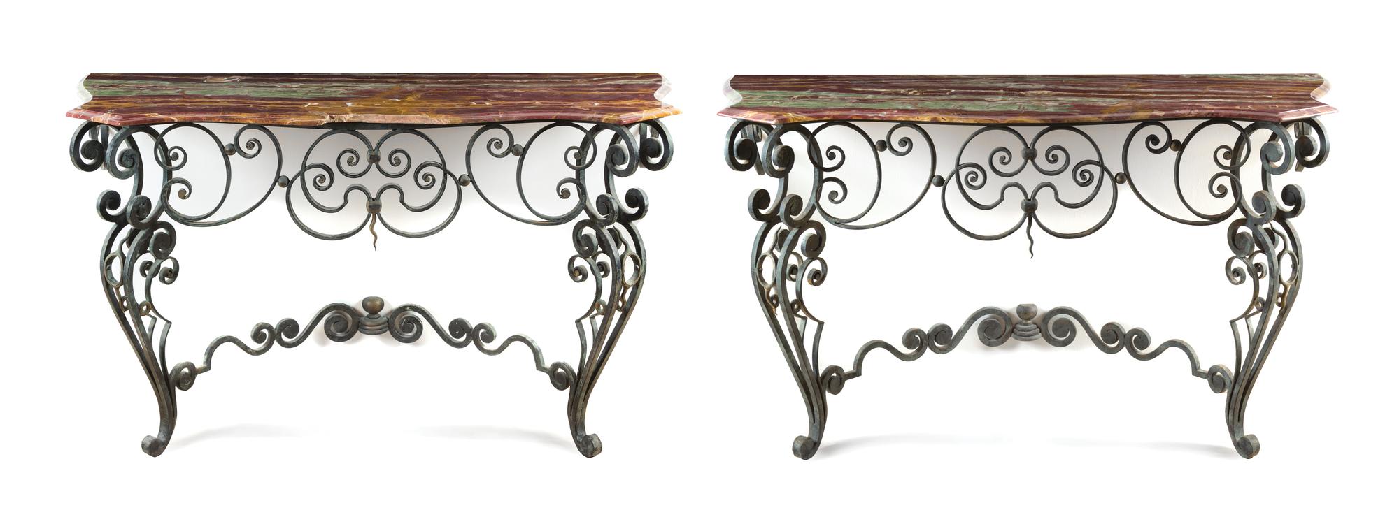 A Pair of Rococo Style Wrought Iron and Onyx Console Tables Heigh 34 x width 56 x depth 21 1/4 inches. — 20TH CENTURY