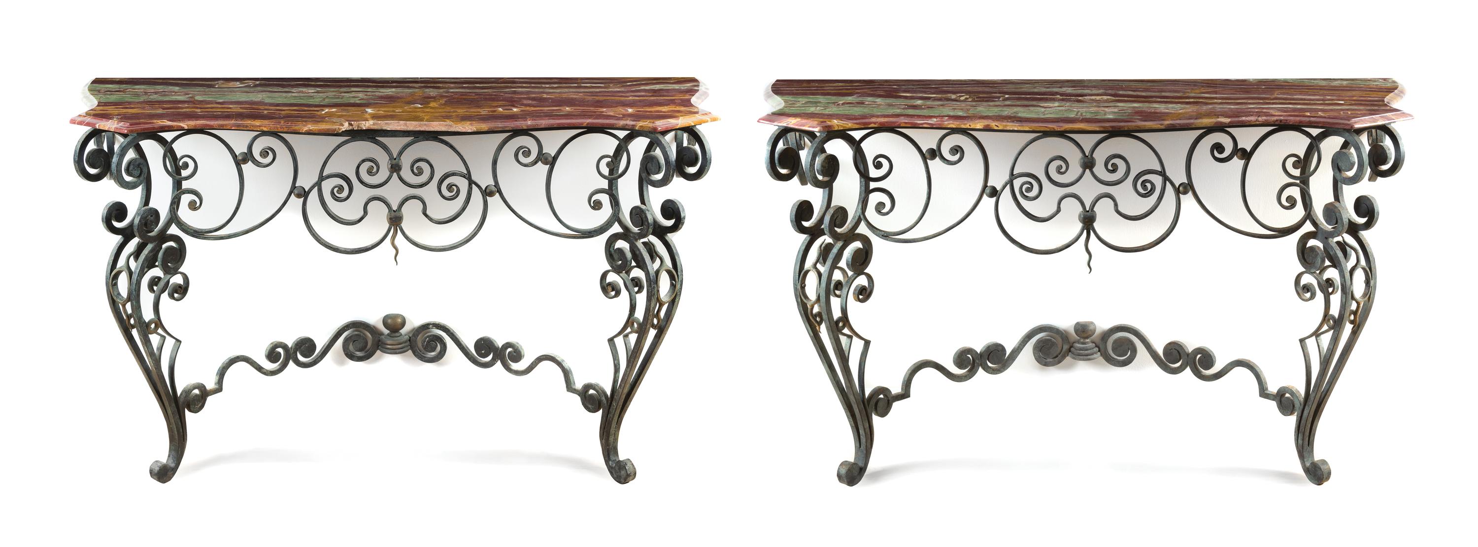 A Pair of Rococo Style Wrought Iron and Onyx Console Tables Heigh 34 x width 56 x depth 21 1/4 inches. — 20TH CENTURY