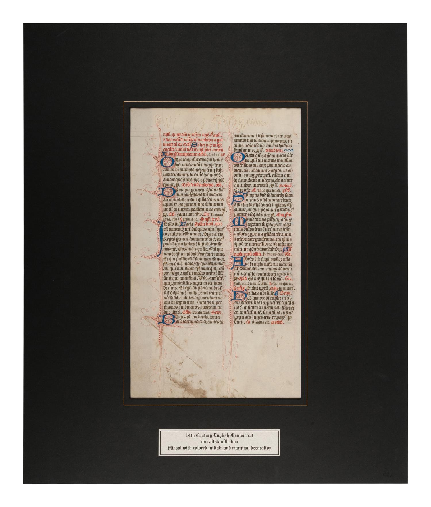 [MANUSCRIPT LEAF -- MISSAL]. One leaf on vellum, in Latin. England?, ca 1375.