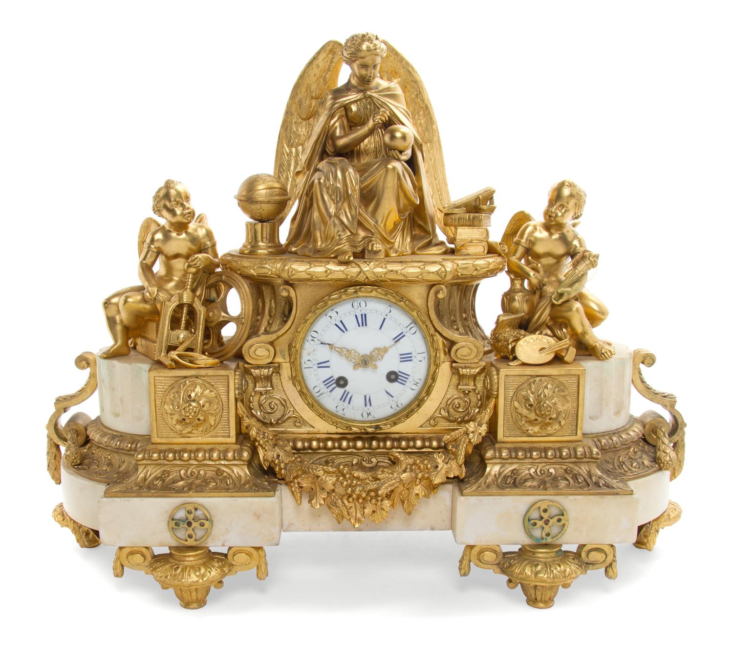 A French Marble Inset Gilt Bronze Mantel Clock Height 16 1/4 inches. — MOVEMENT BY JAPY FRERES