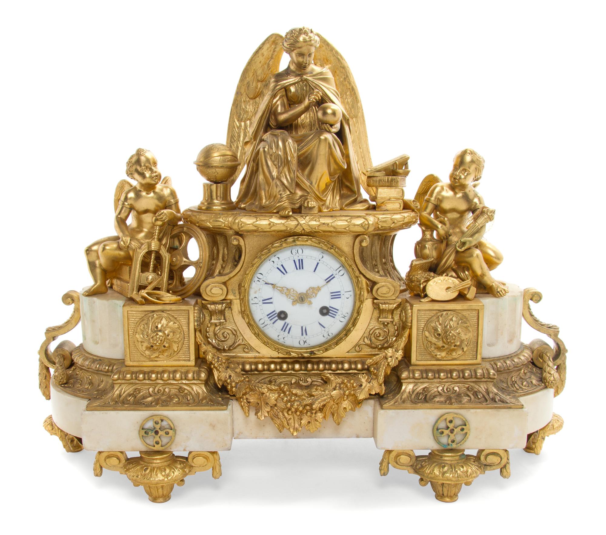 A French Marble Inset Gilt Bronze Mantel Clock Height 16 1/4 inches. — MOVEMENT BY JAPY FRERES