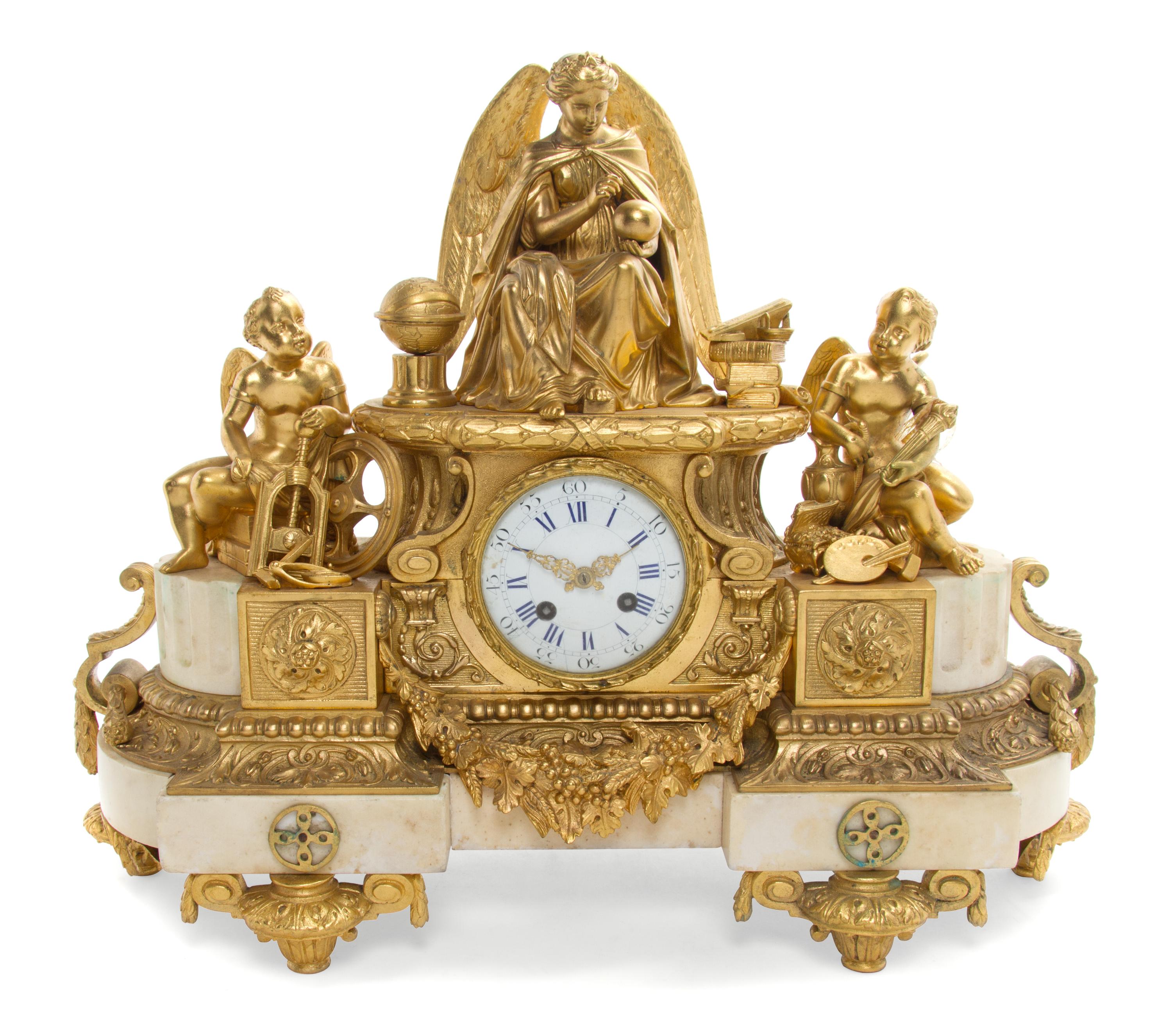 A French Marble Inset Gilt Bronze Mantel Clock Height 16 1/4 inches. — MOVEMENT BY JAPY FRERES