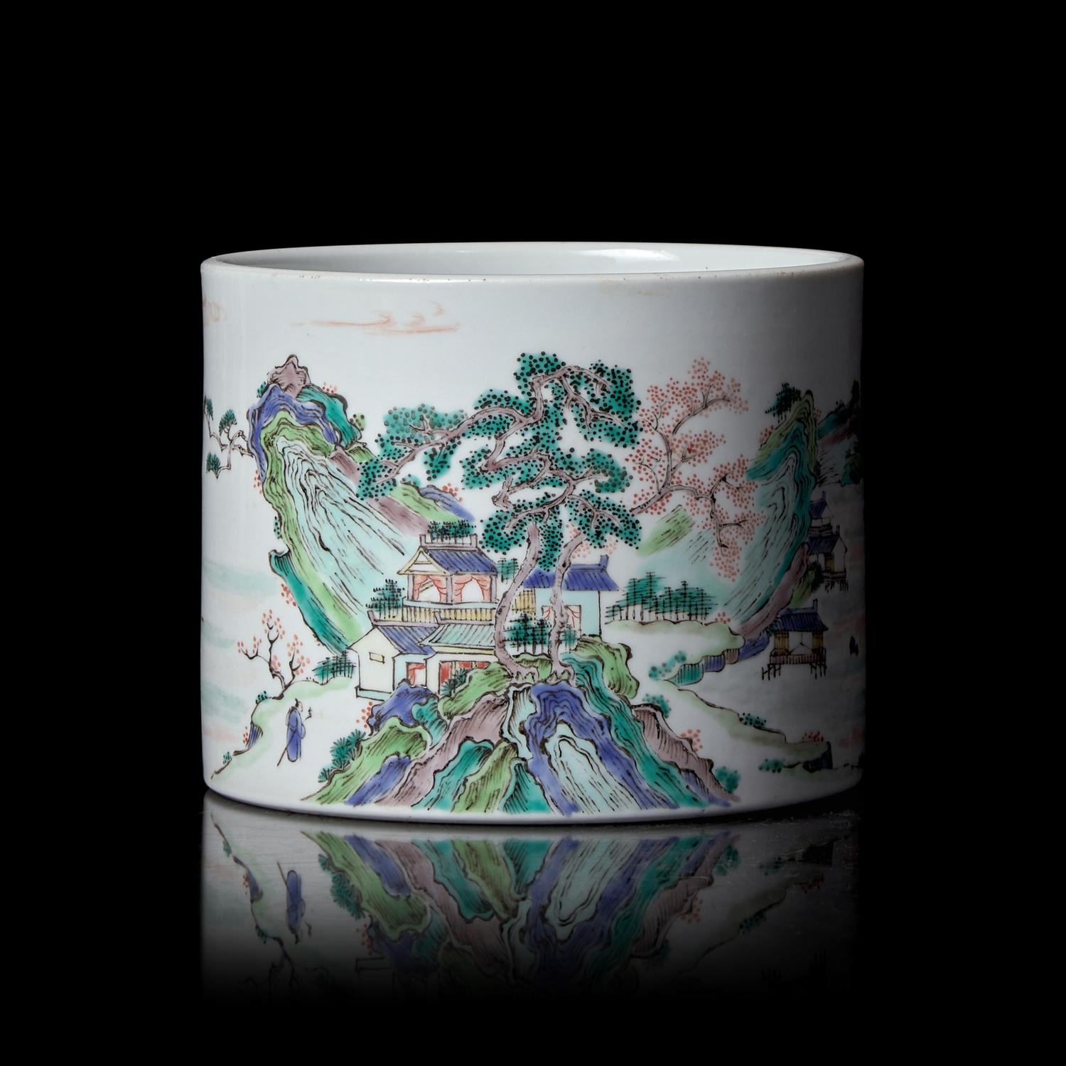 A Chinese Famille Verte Porcelain Brushpot 粉彩山水詩文筆筒