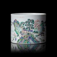 A Chinese Famille Verte Porcelain Brushpot 粉彩山水詩文筆筒