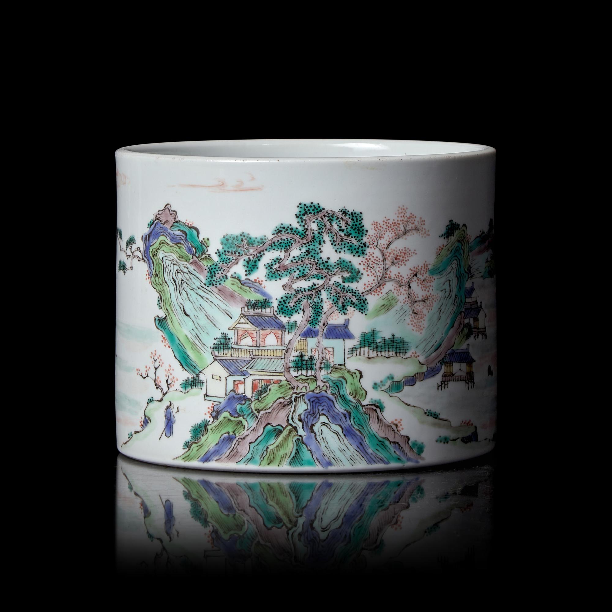 A Chinese Famille Verte Porcelain Brushpot 粉彩山水詩文筆筒