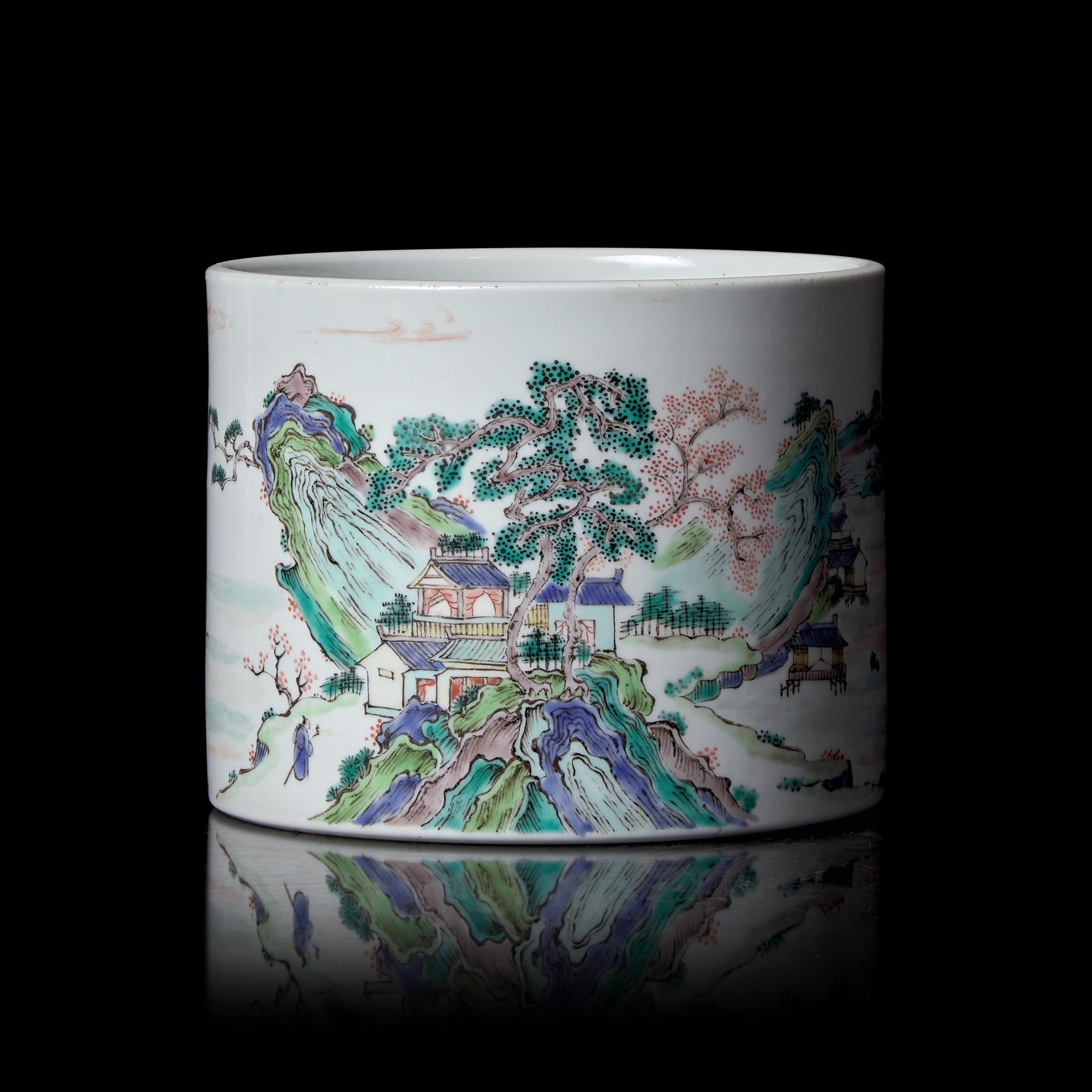 A Chinese Famille Verte Porcelain Brushpot 粉彩山水詩文筆筒