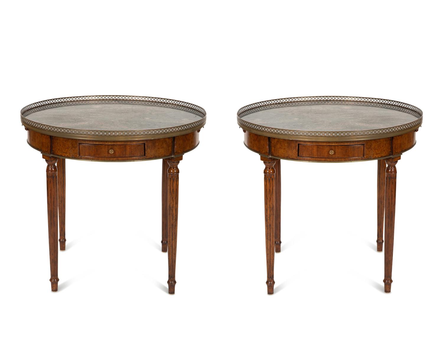 A Pair of Louis XVI Style Gilt Metal Mounted Marble Top Bouillotte Tables