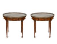 A Pair of Louis XVI Style Gilt Metal Mounted Marble Top Bouillotte Tables