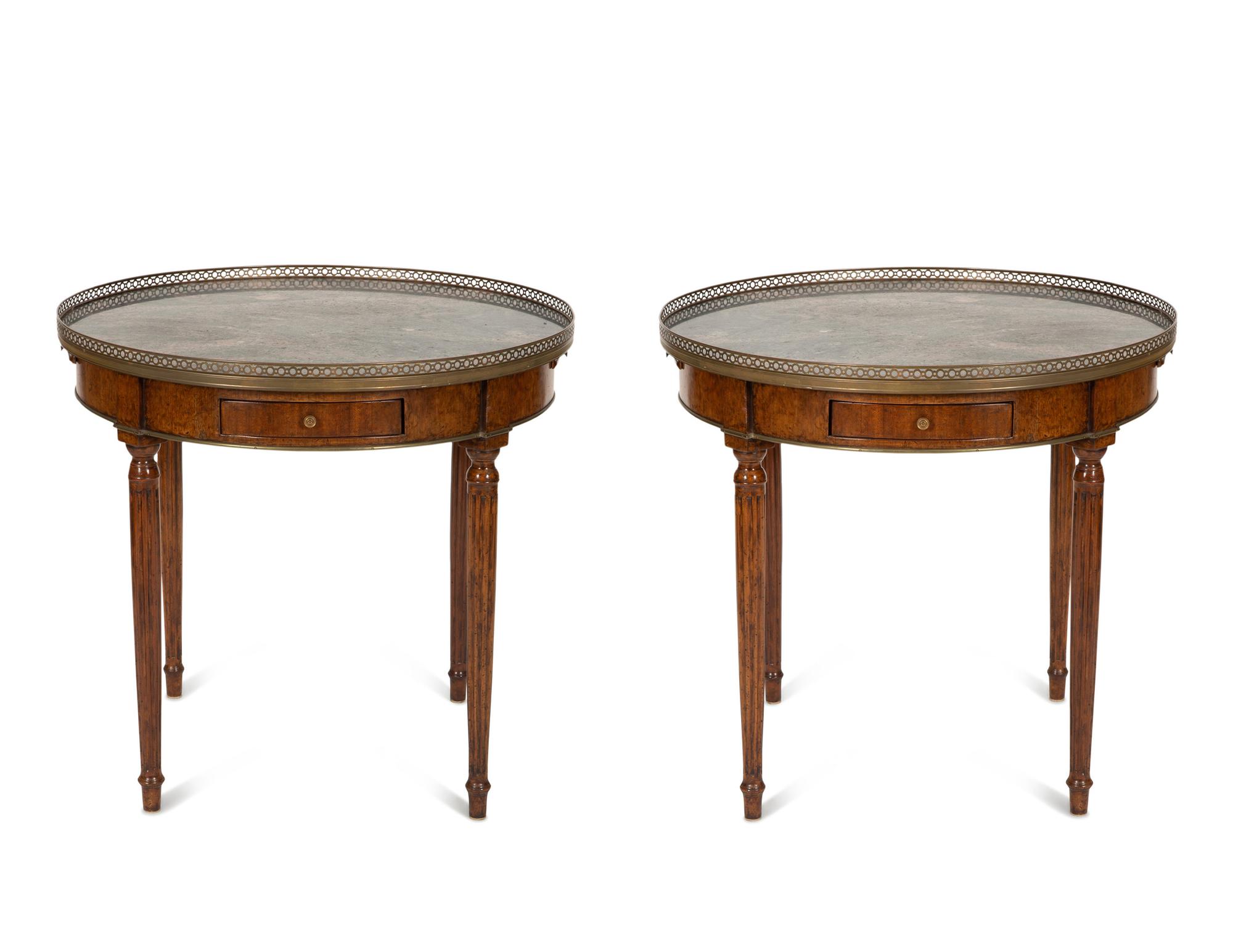 A Pair of Louis XVI Style Gilt Metal Mounted Marble Top Bouillotte Tables