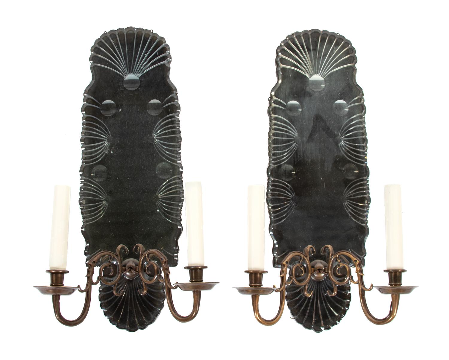 A Pair of Queen Anne Style Mirrored Brass Sconces